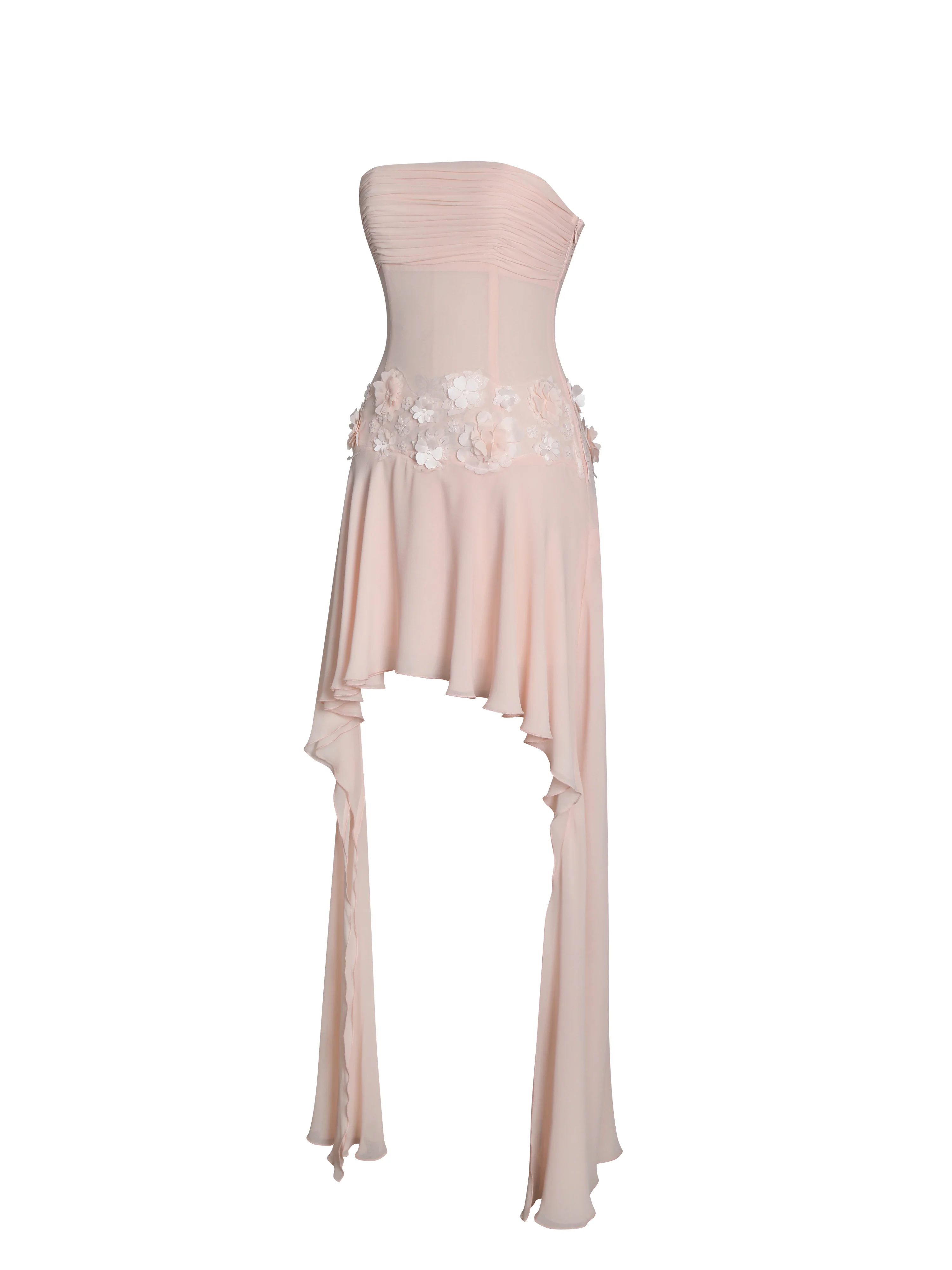 Mae Pink Ruched Breast Appliqué Trim Trailing Dress