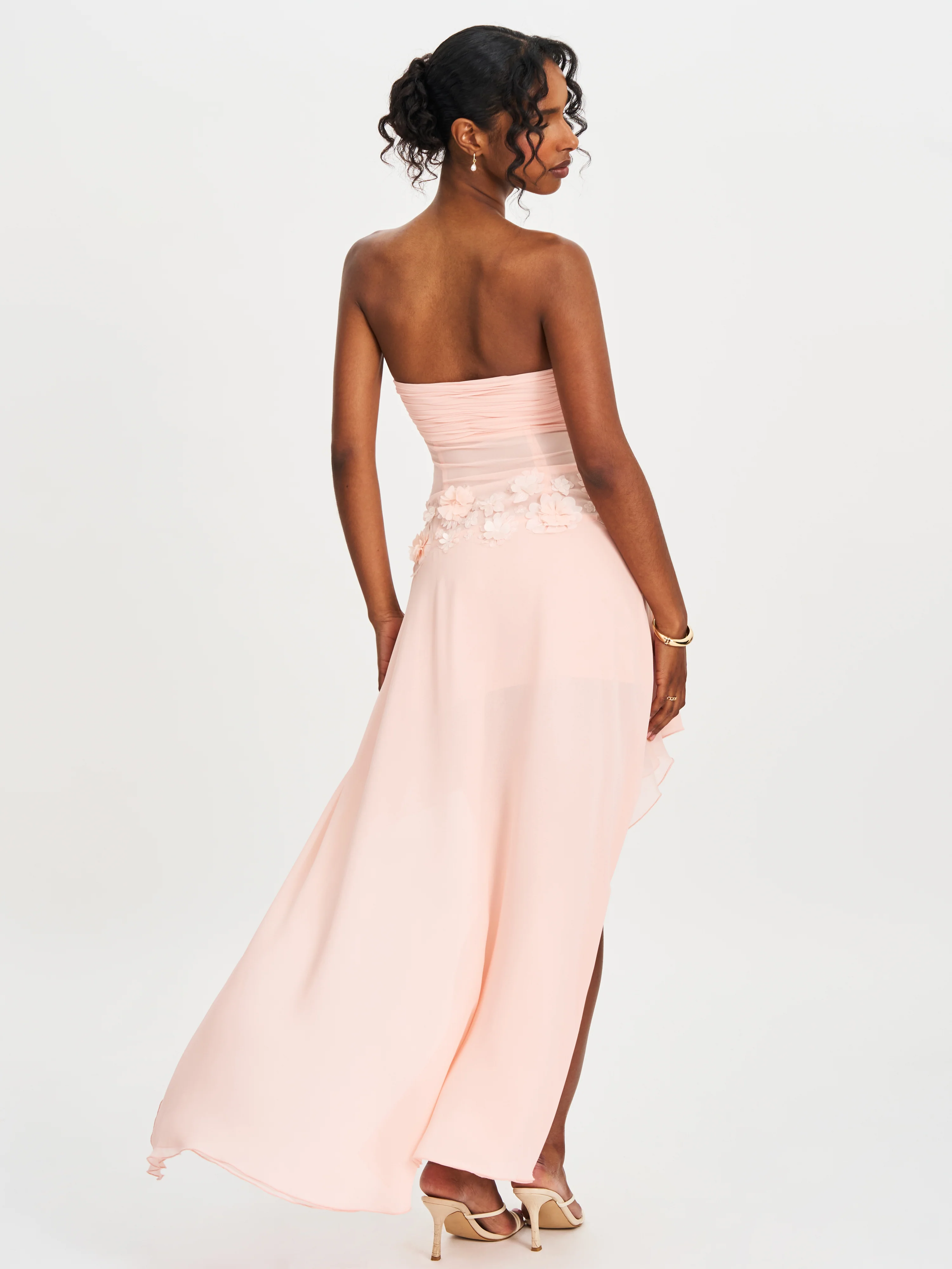 Mae Pink Ruched Breast Appliqué Trim Trailing Dress