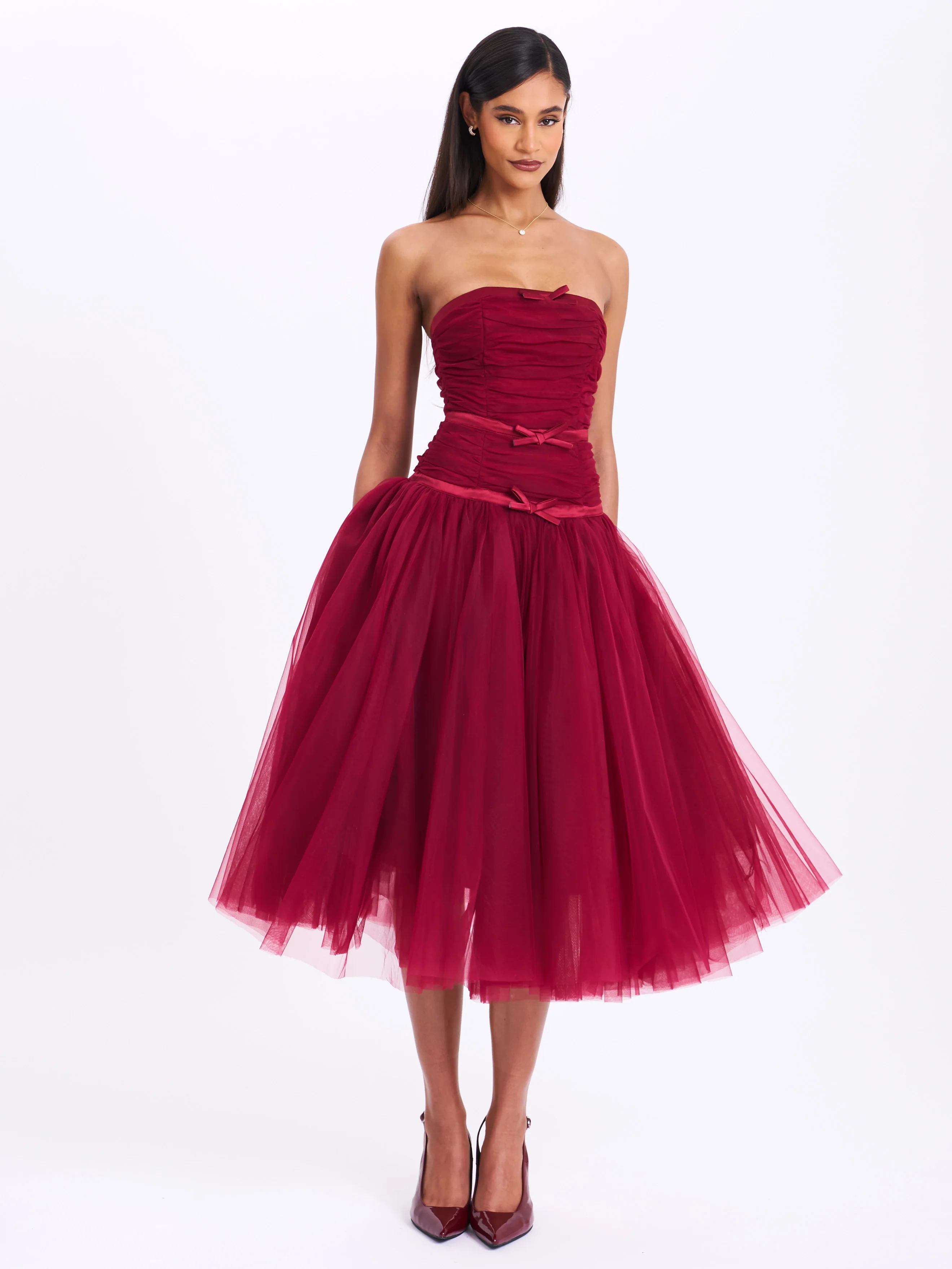 Mabel Burgundy Drop Waist Layered Mesh Midi Puffy Dress with Bow