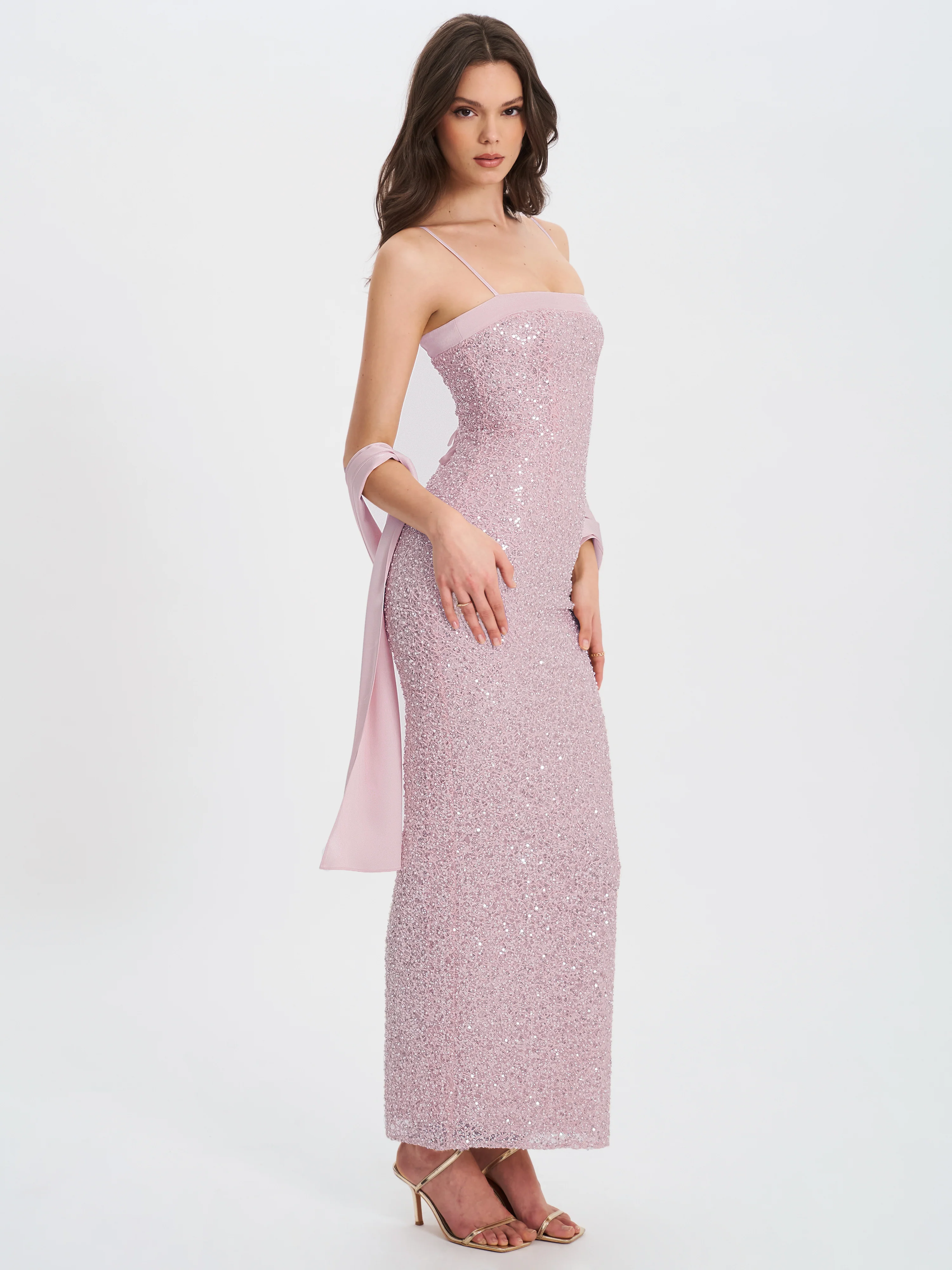 Raizel Pink Beaded Sequin Bodycon Gown with Scarf