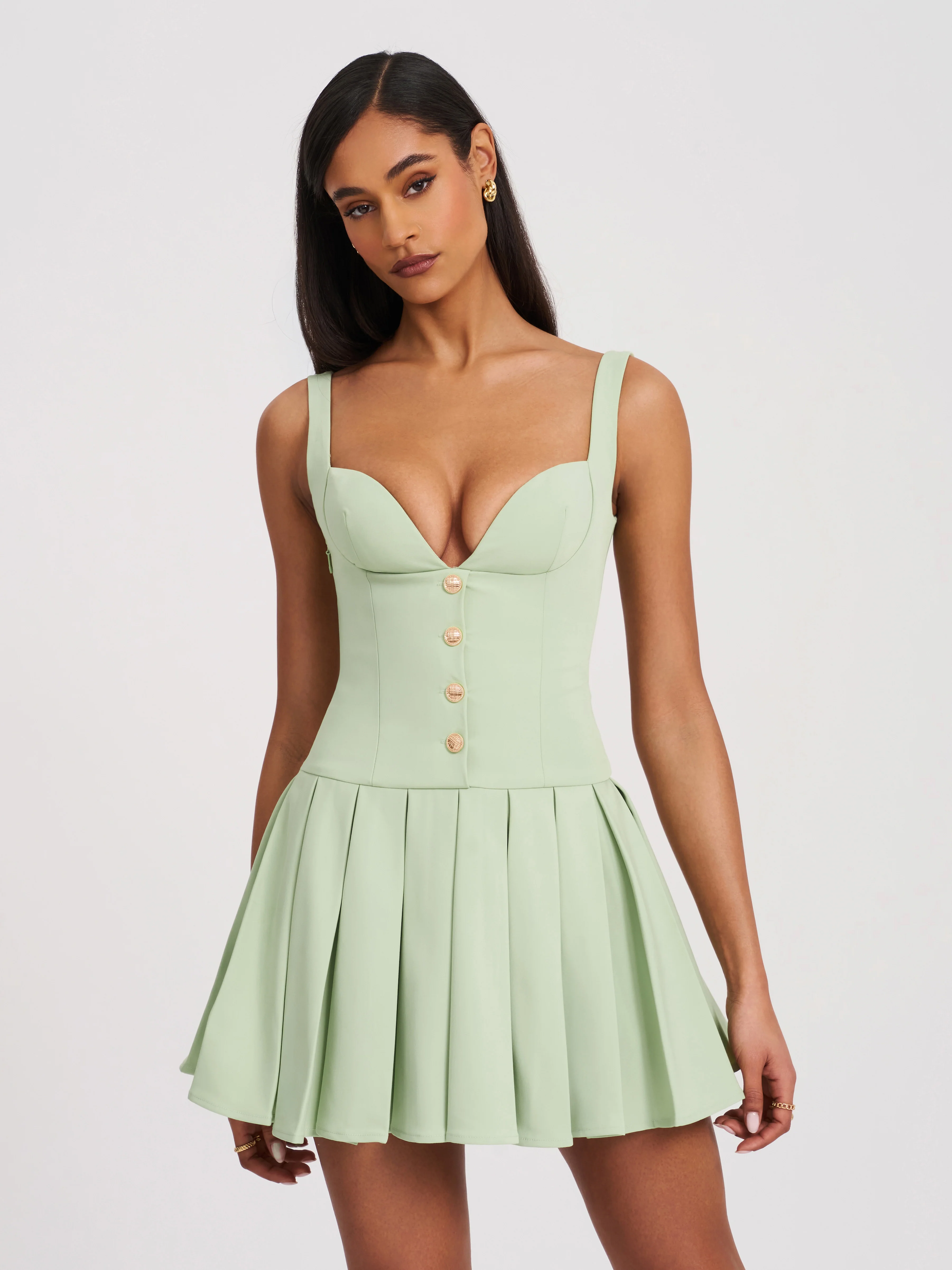 Tala Pistachio Green Sleeveless Pleated Preppy Mini Dress