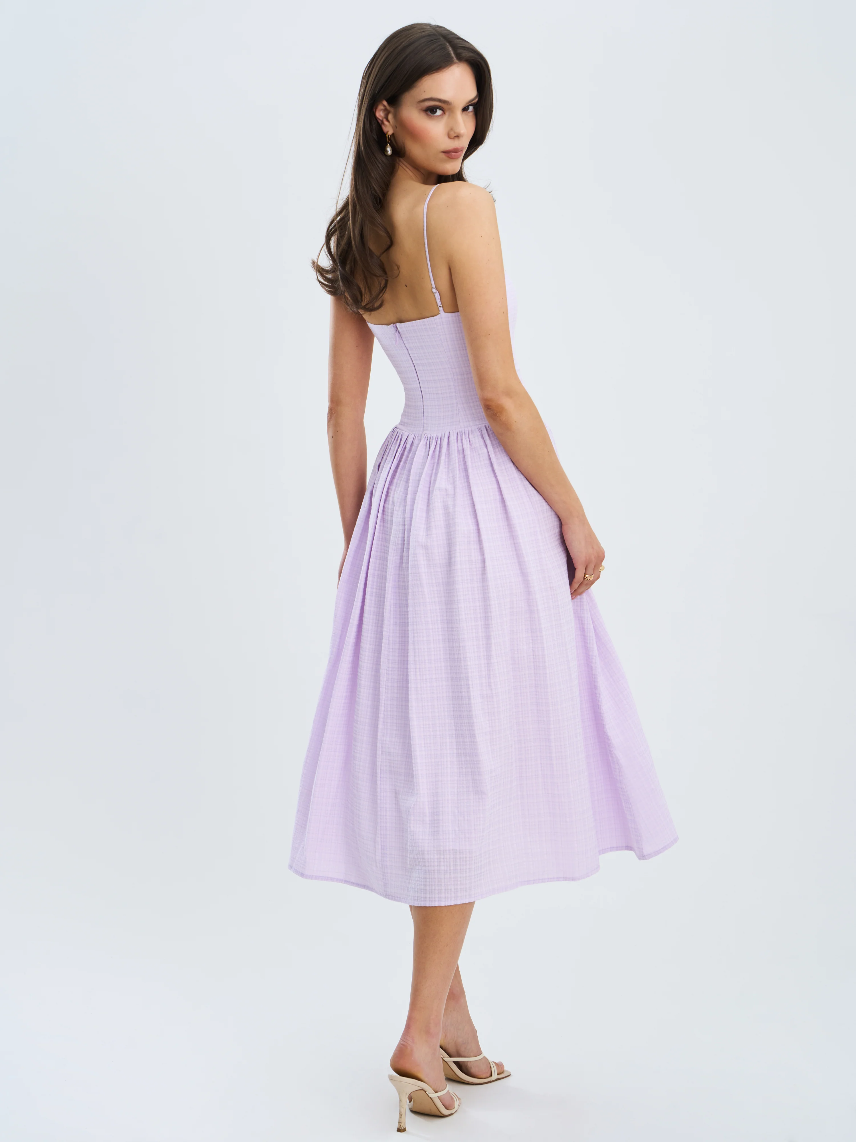Jaclyn Lavender Lace Trim Cutout Seersucker Midi Dress
