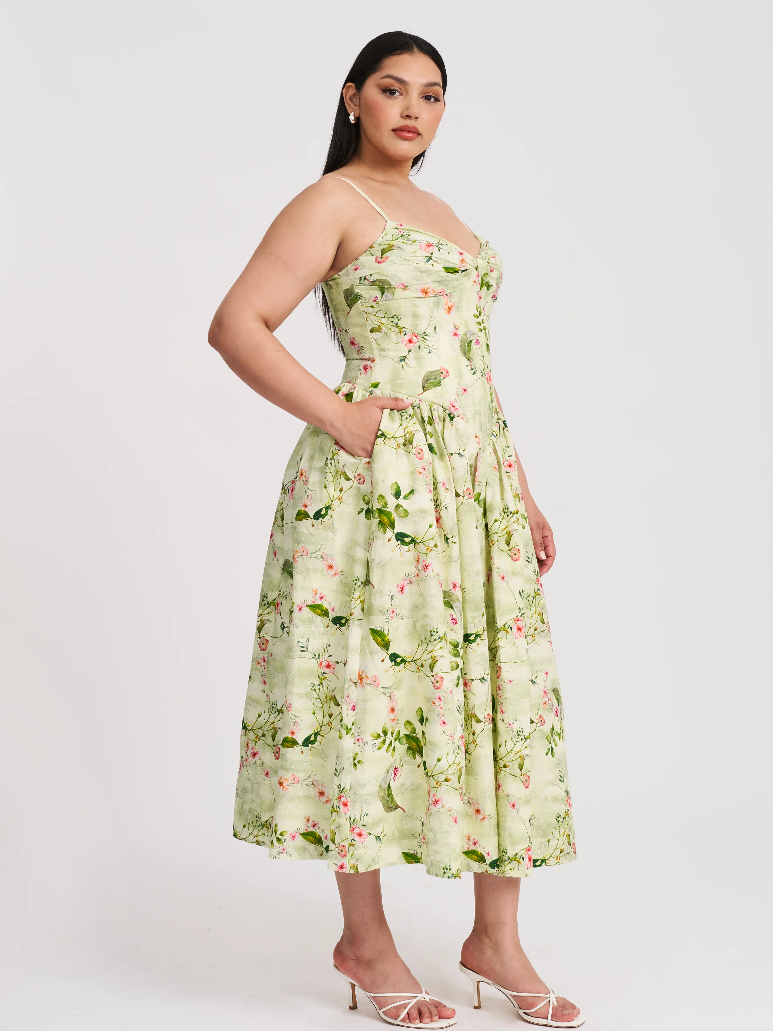 Jacinda Green Floral Print Ruched Breast Linen Midi Dress