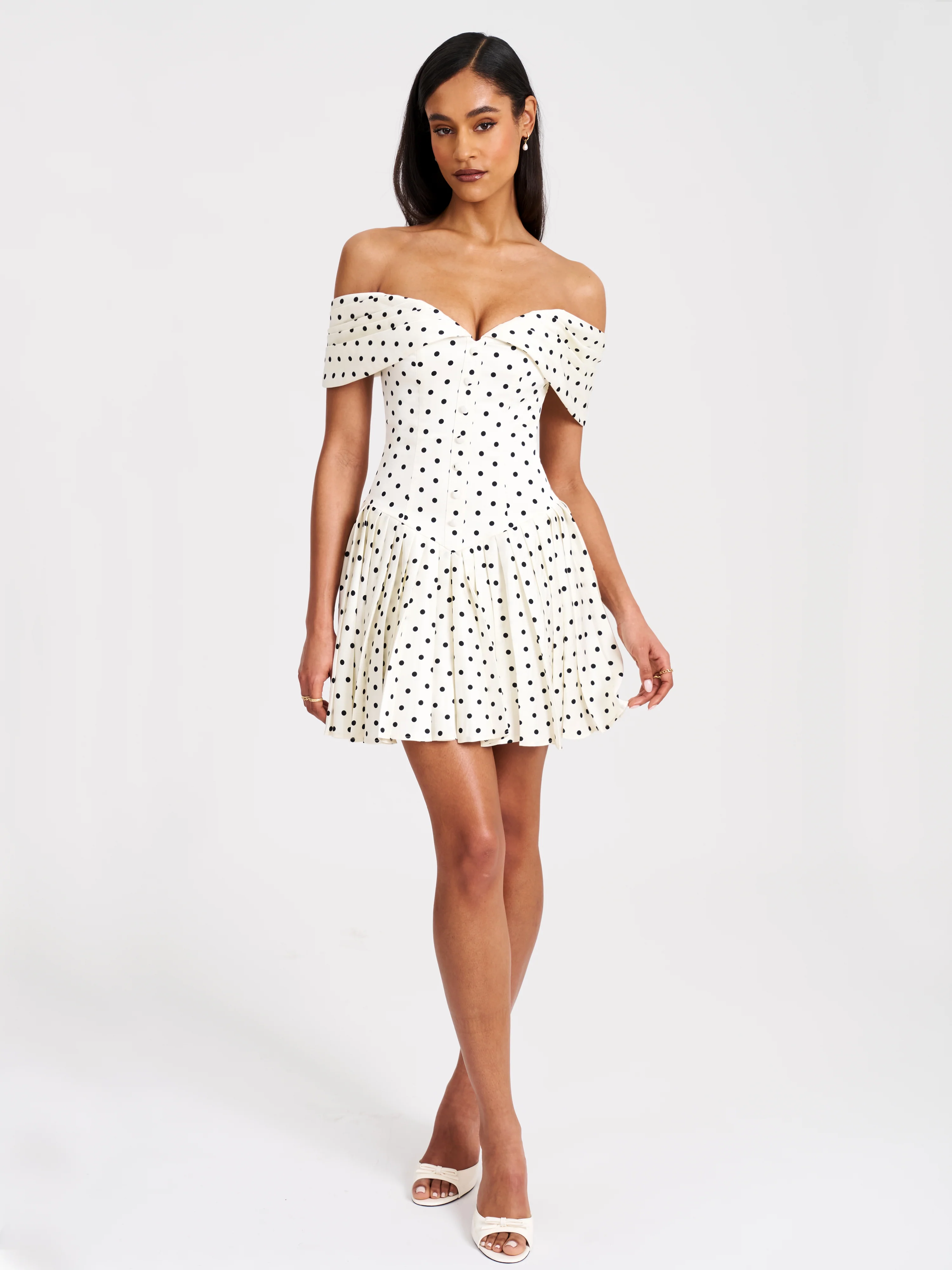 Edeline Polka Dot Off-shoulder Pleated Mini Dress
