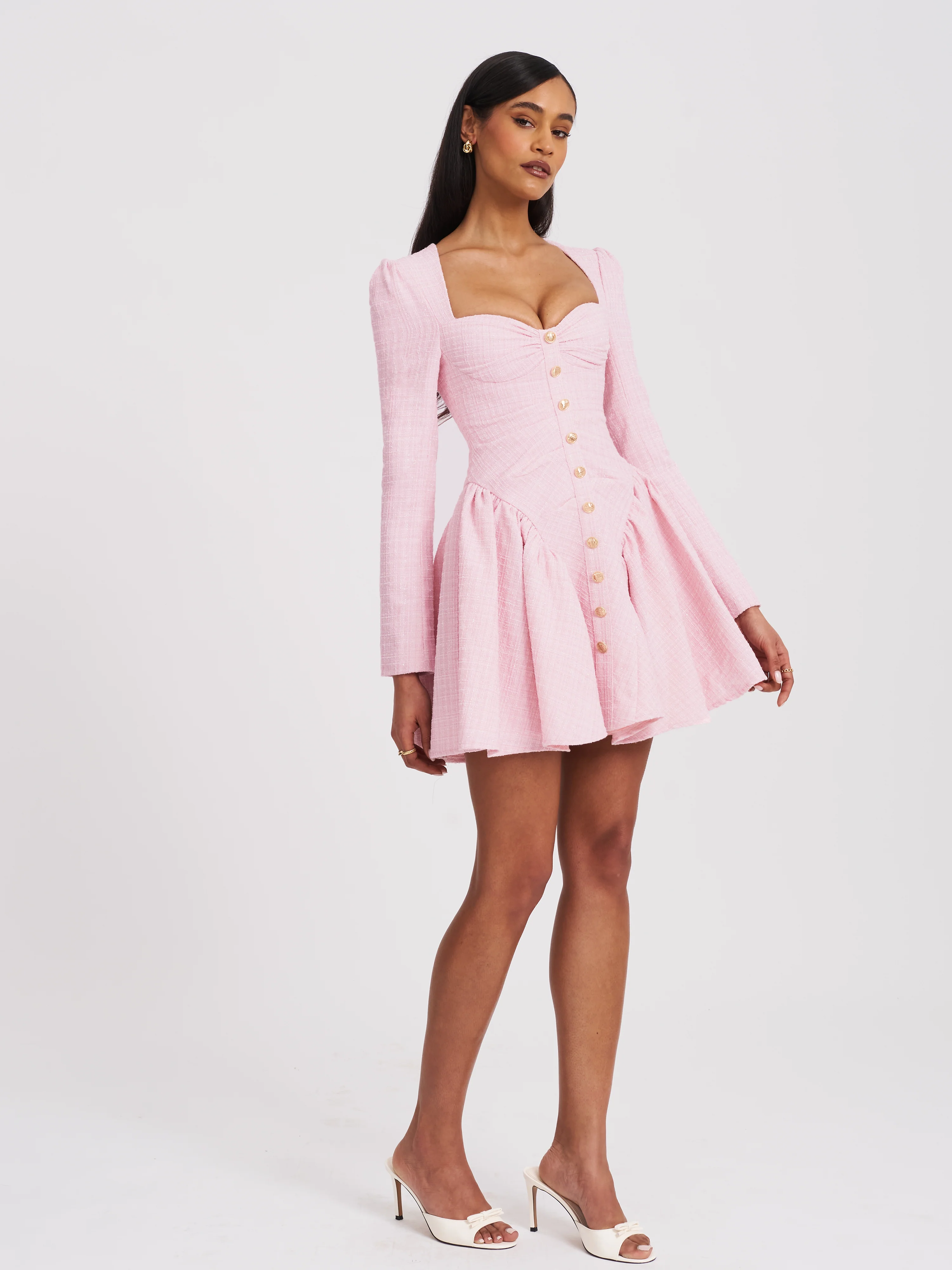 Tae Pink Tweed Long Sleeve Drop Waist Mini Dress