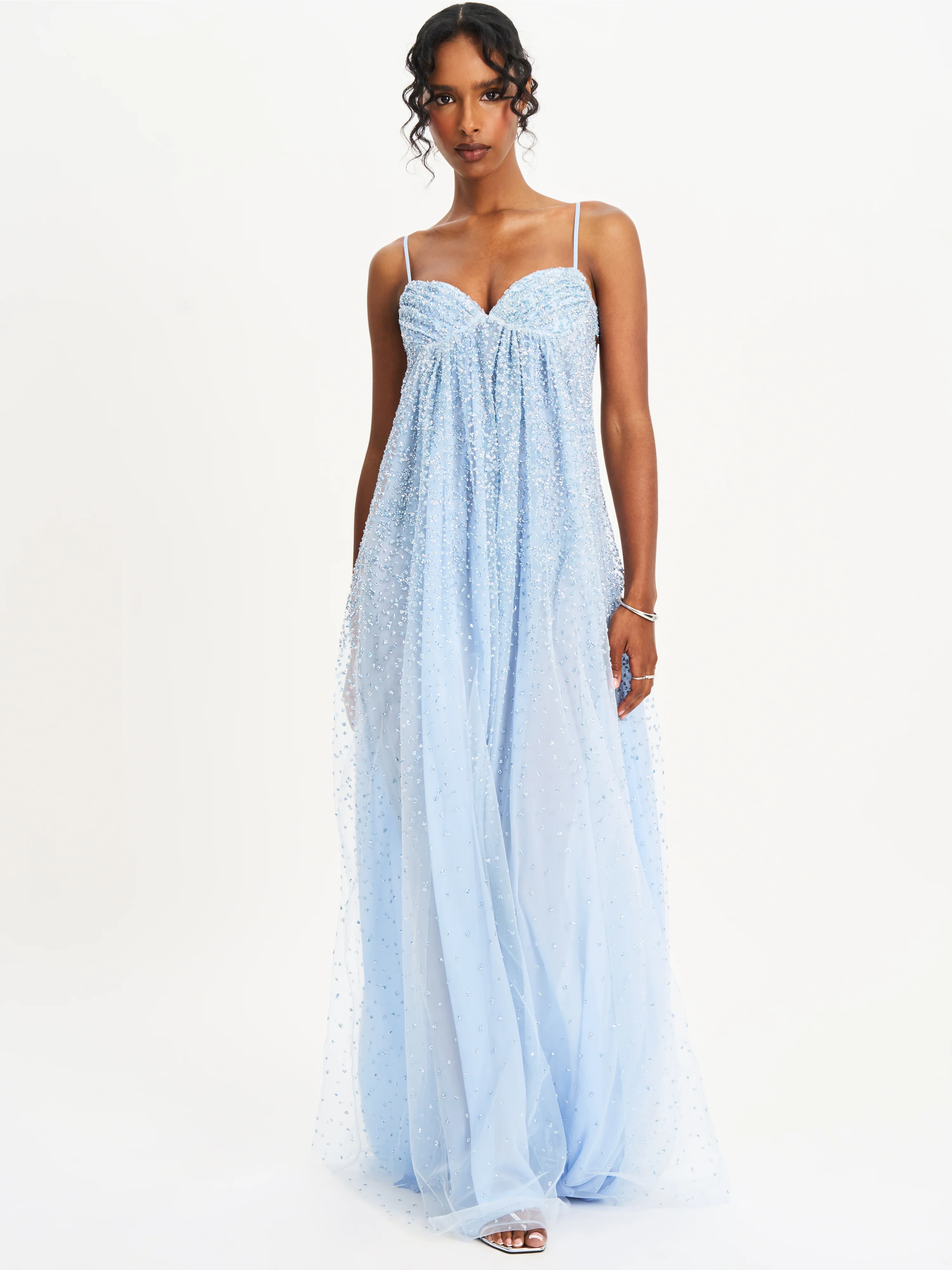 Wallie Baby Blue Rhinestone Embellished Mesh Backless Gown