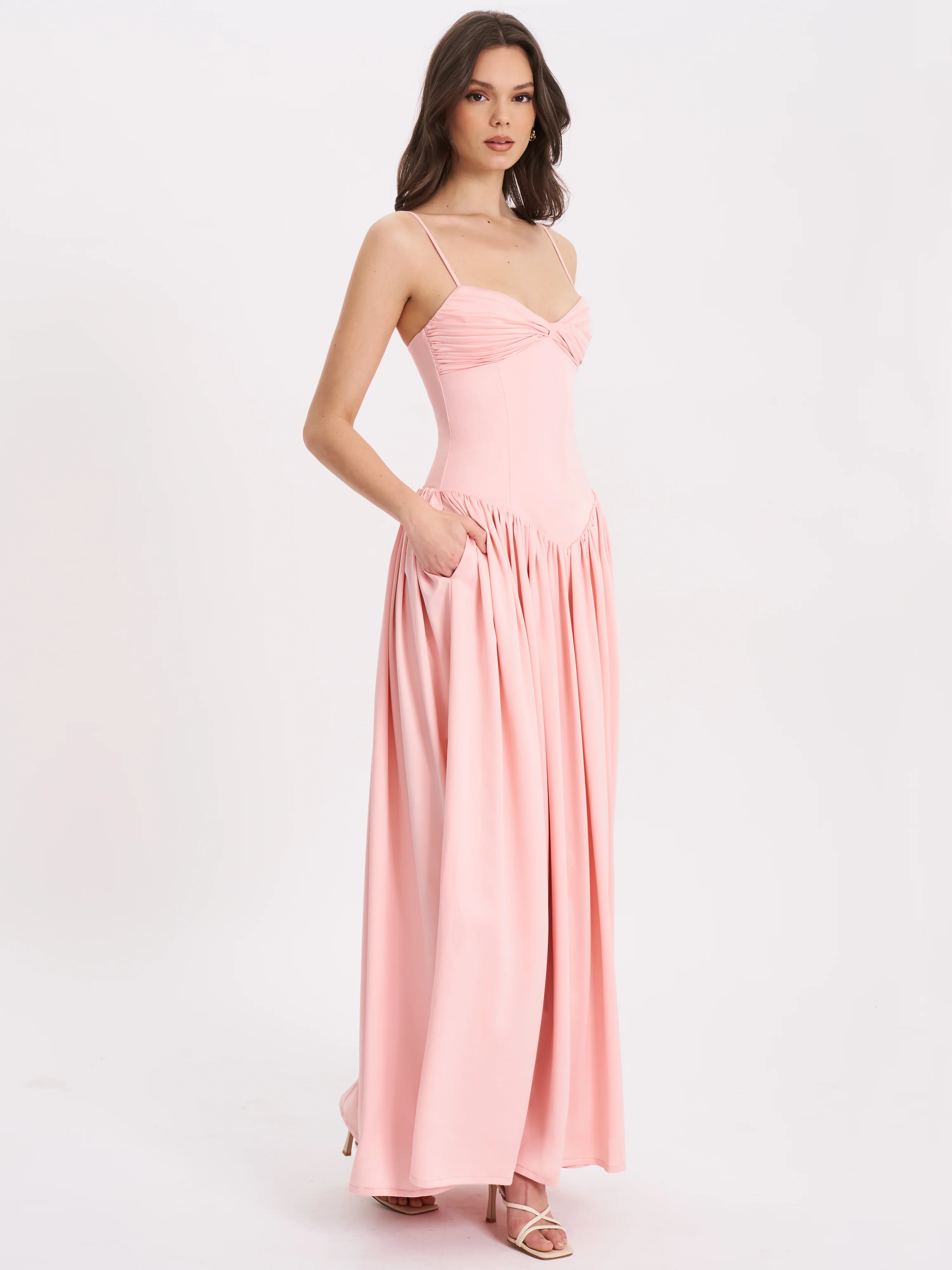 Najwa Baby Pink Ruched Breast Drop Waist Maxi Dress