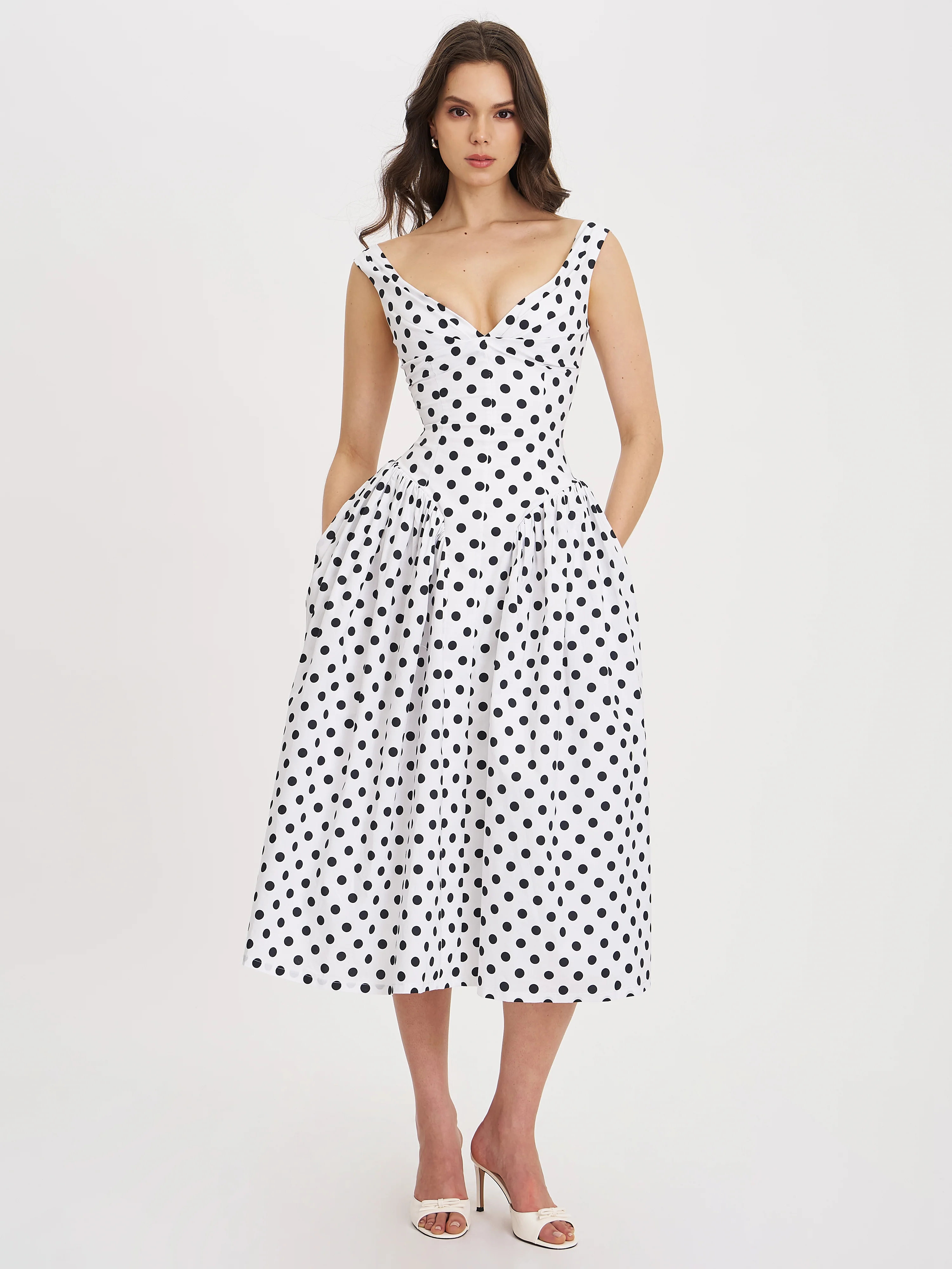 Rahma Polka Dot Drop Waist Midi Cotton Poplin Dress