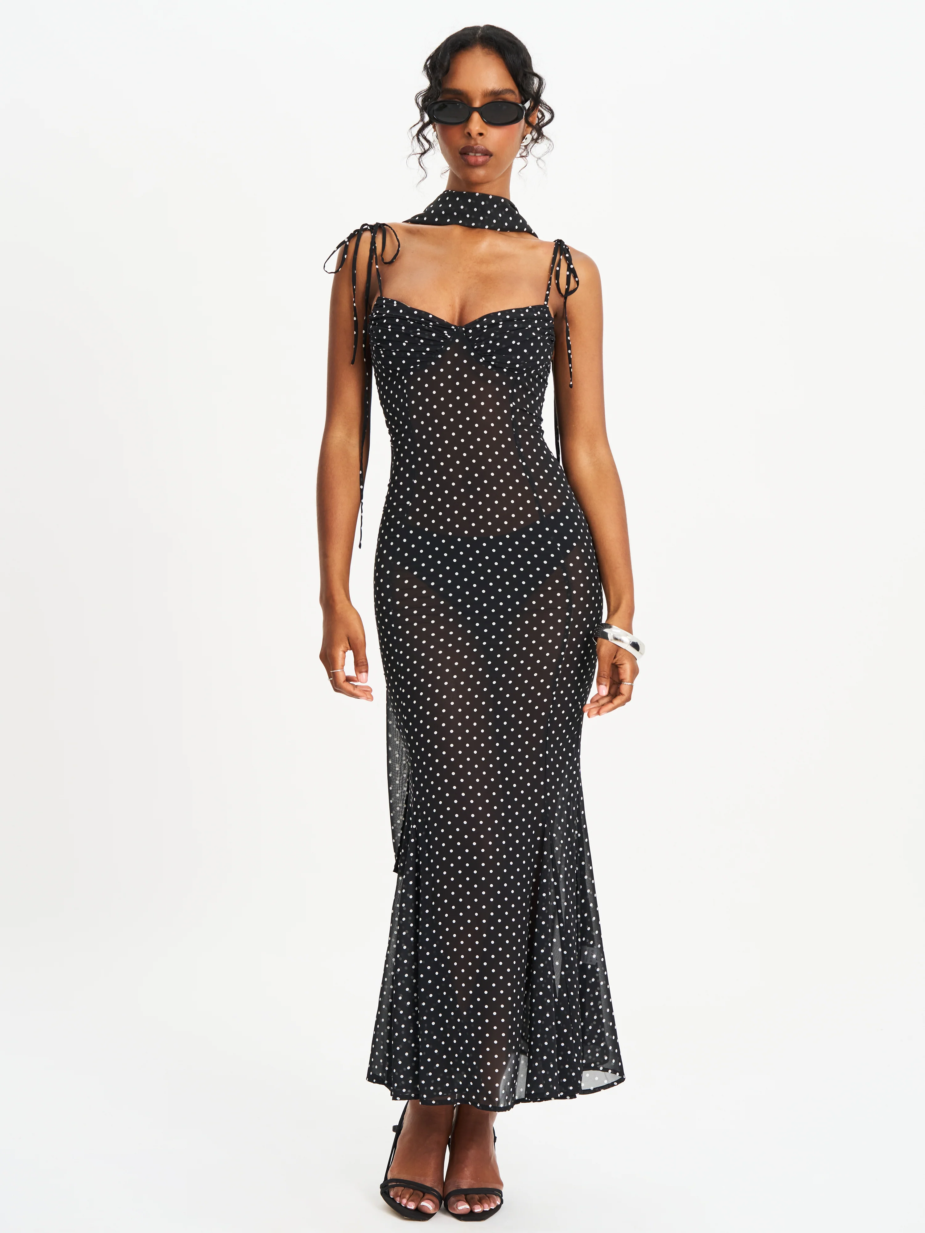 Yadira Black Base Polka Dot Chiffon Maxi Dress