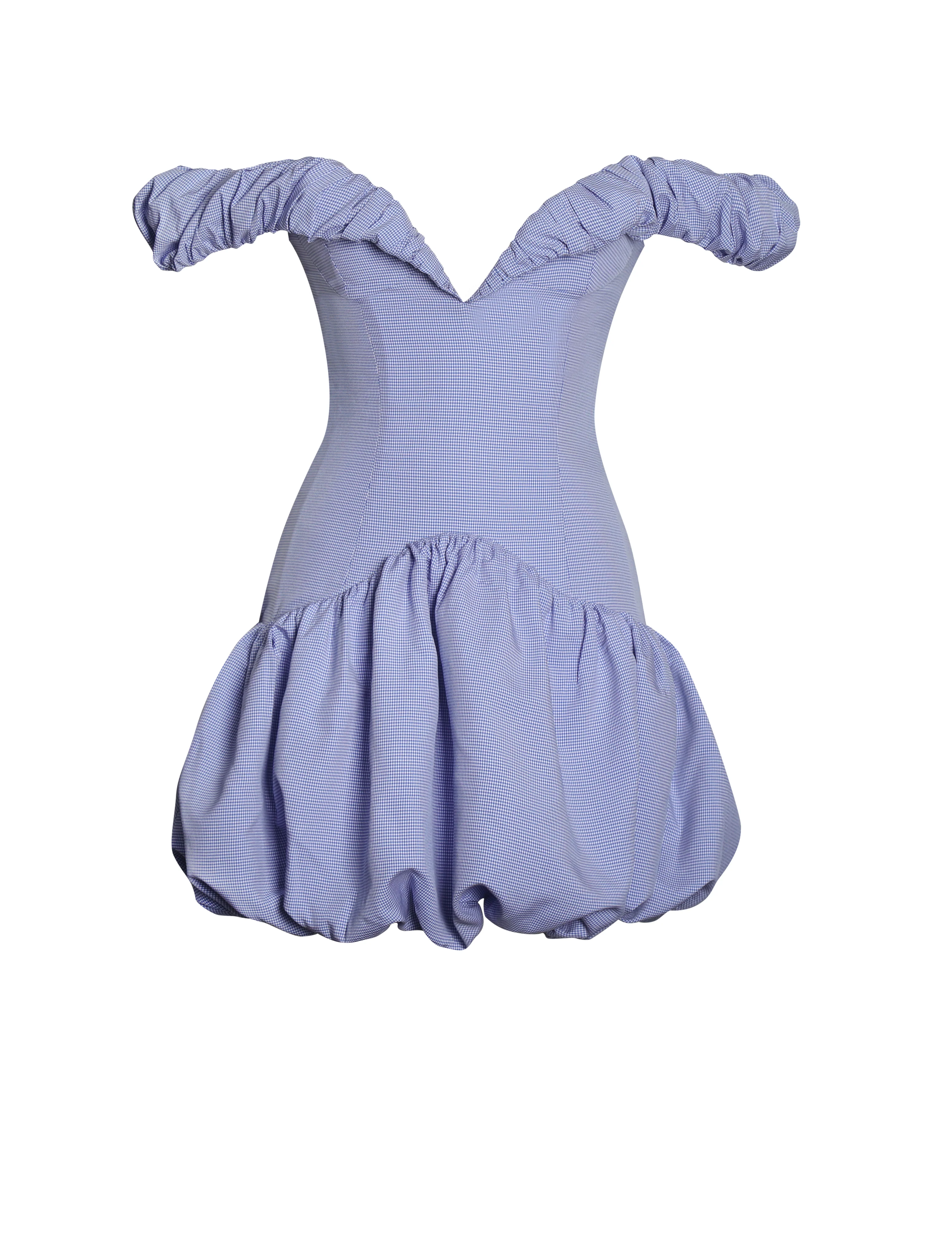 Sablee Checkered Puffy Off Shoulder Trim Bubble Hem Mini Dress