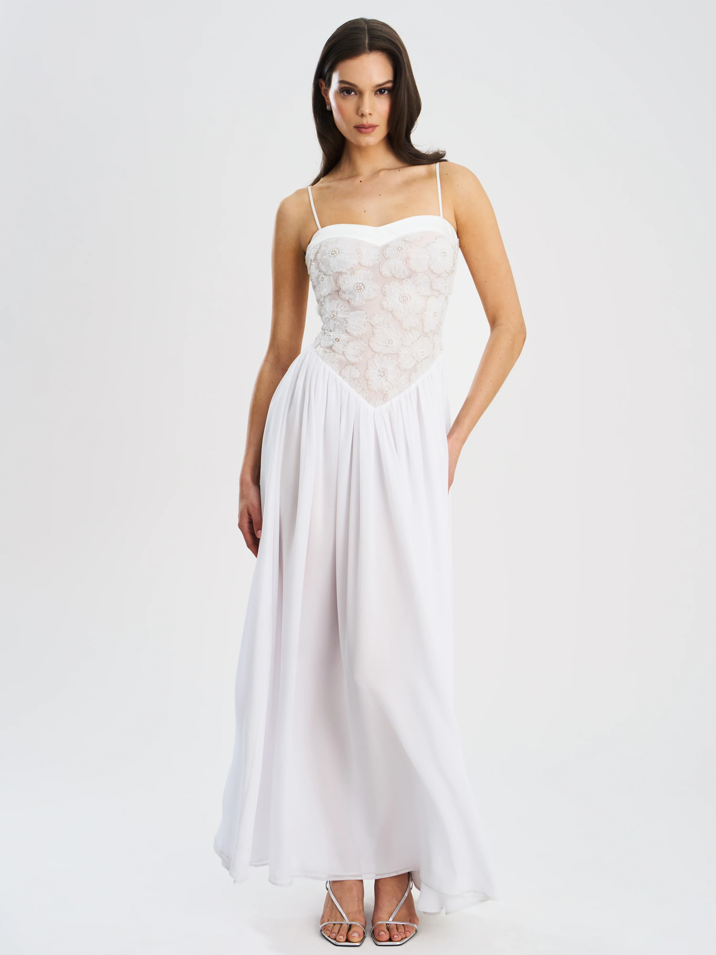Ucille White Embroidered Chiffon Maxi Dress