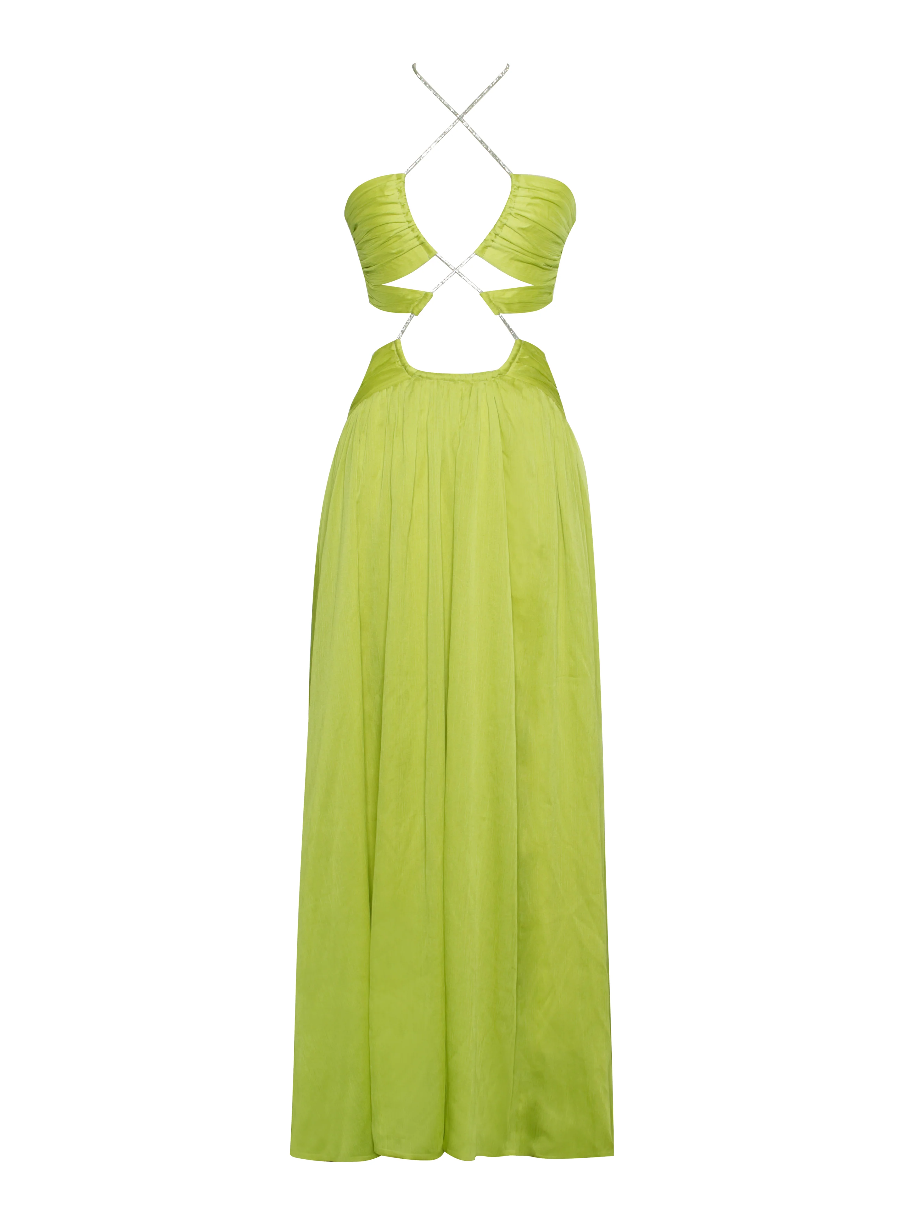 Quinby Lemon Chiffon Pleated Lace Up Maxi Dress