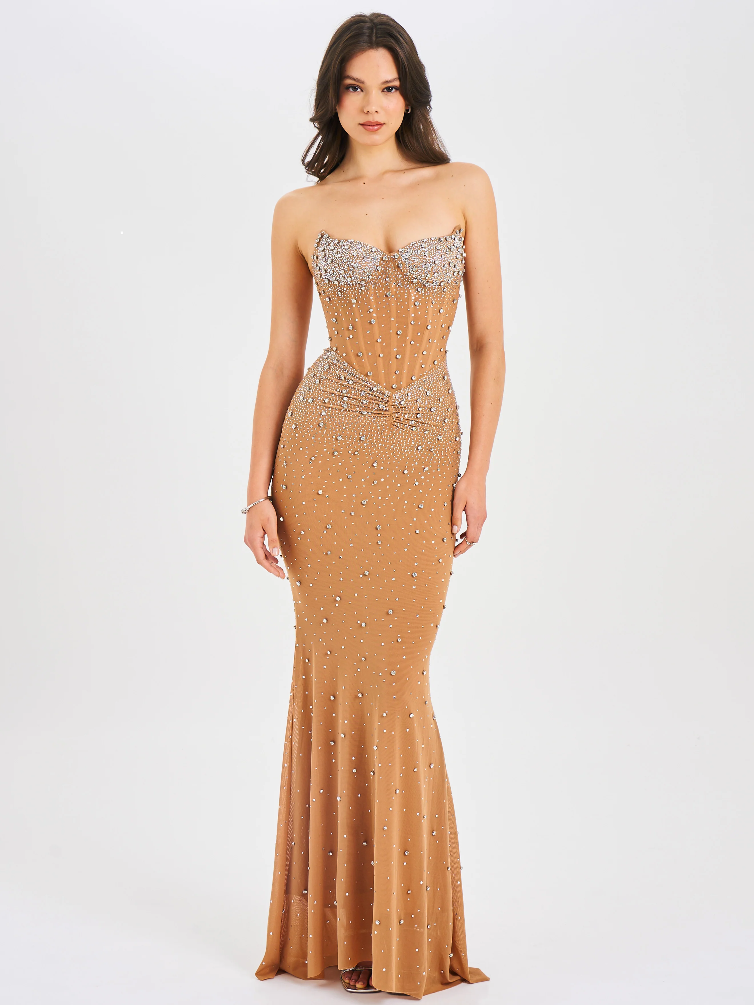 Fatima Nude Crystal Sleeveless Corset Mermaid Maxi Dress