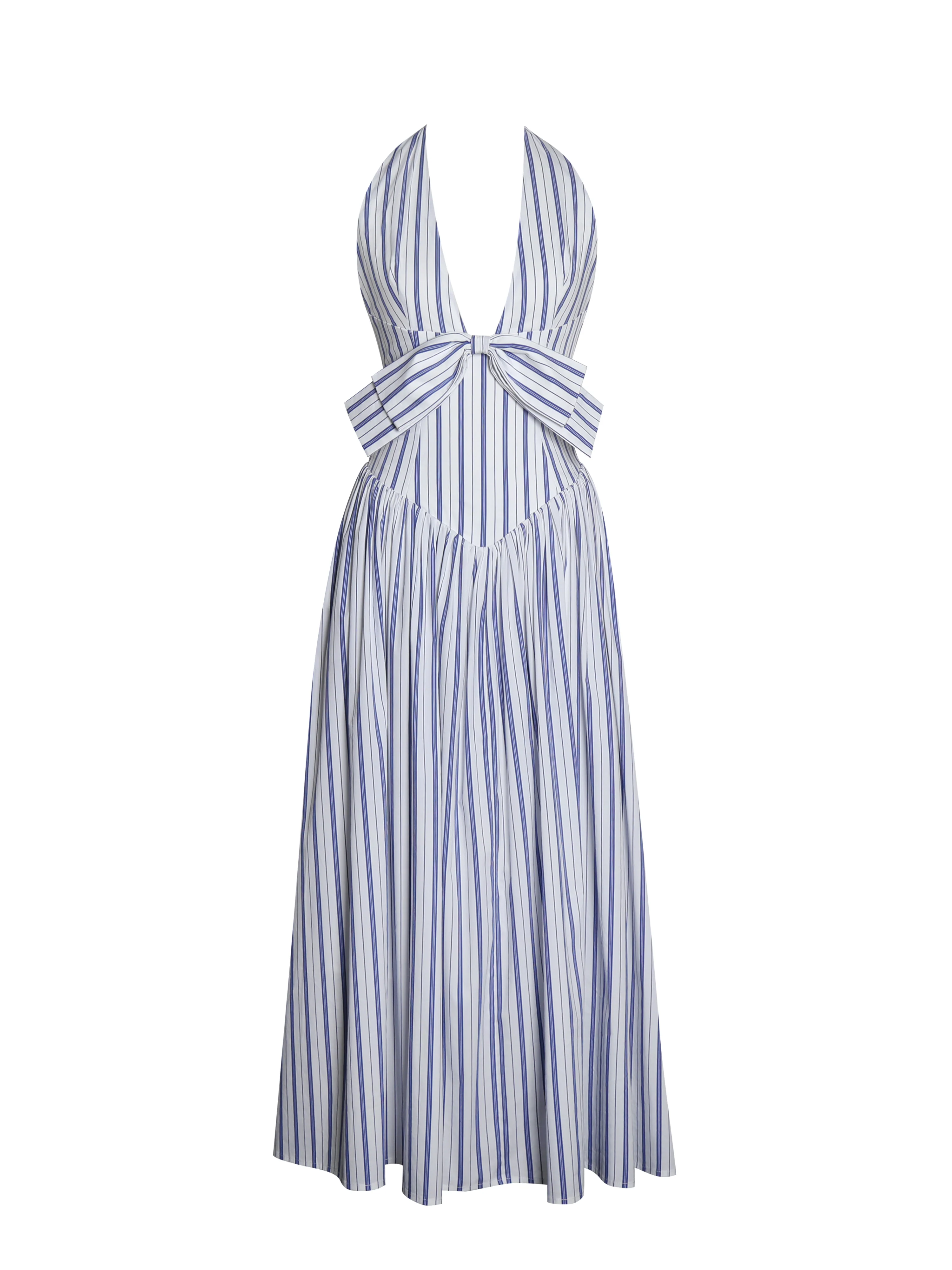 Mackenna Navy Stripe Halter Smock Back Maxi Dress