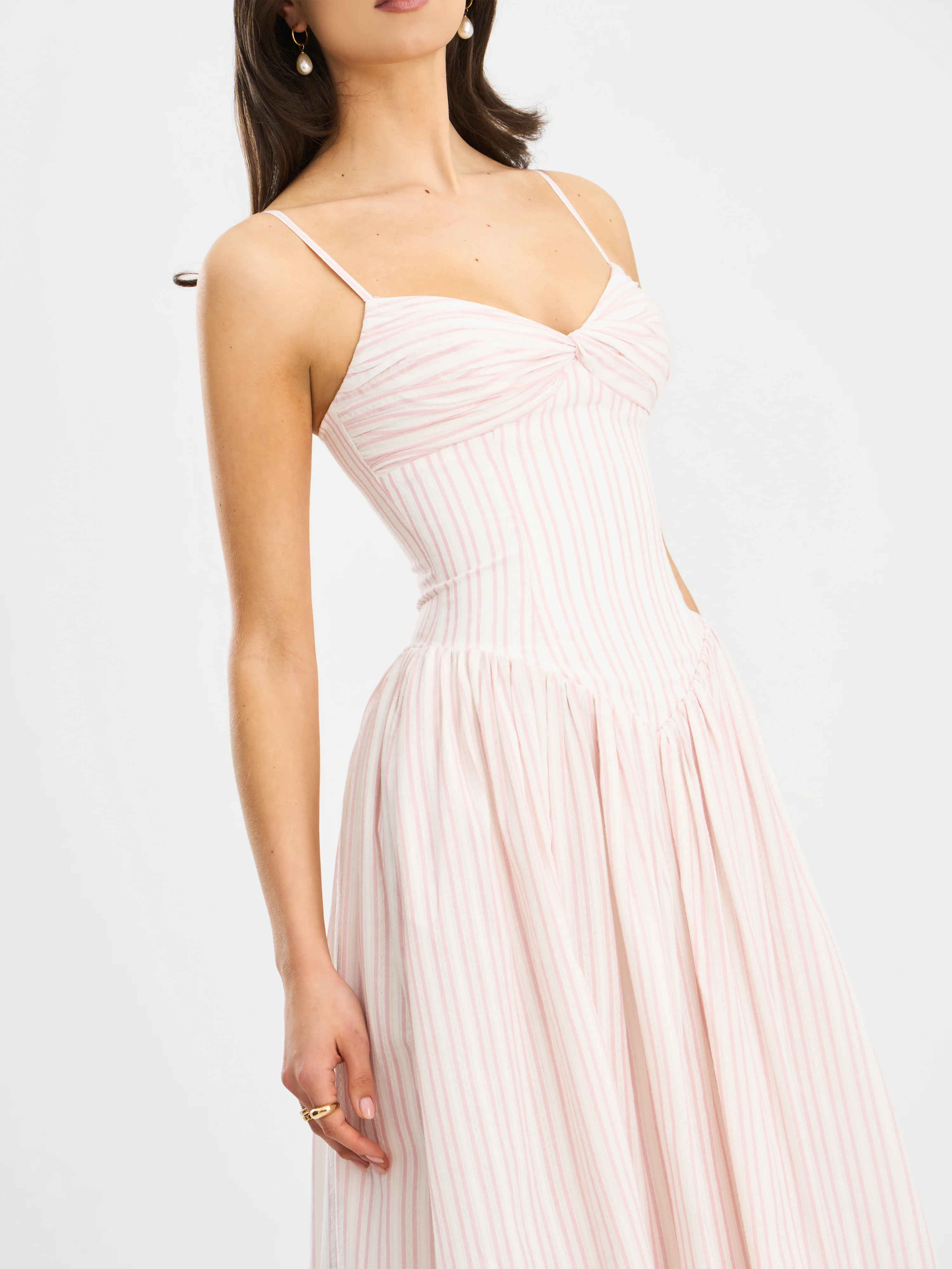 Zania Pink Stripe Ruched Breast Cotton Jacquard Midi Dress
