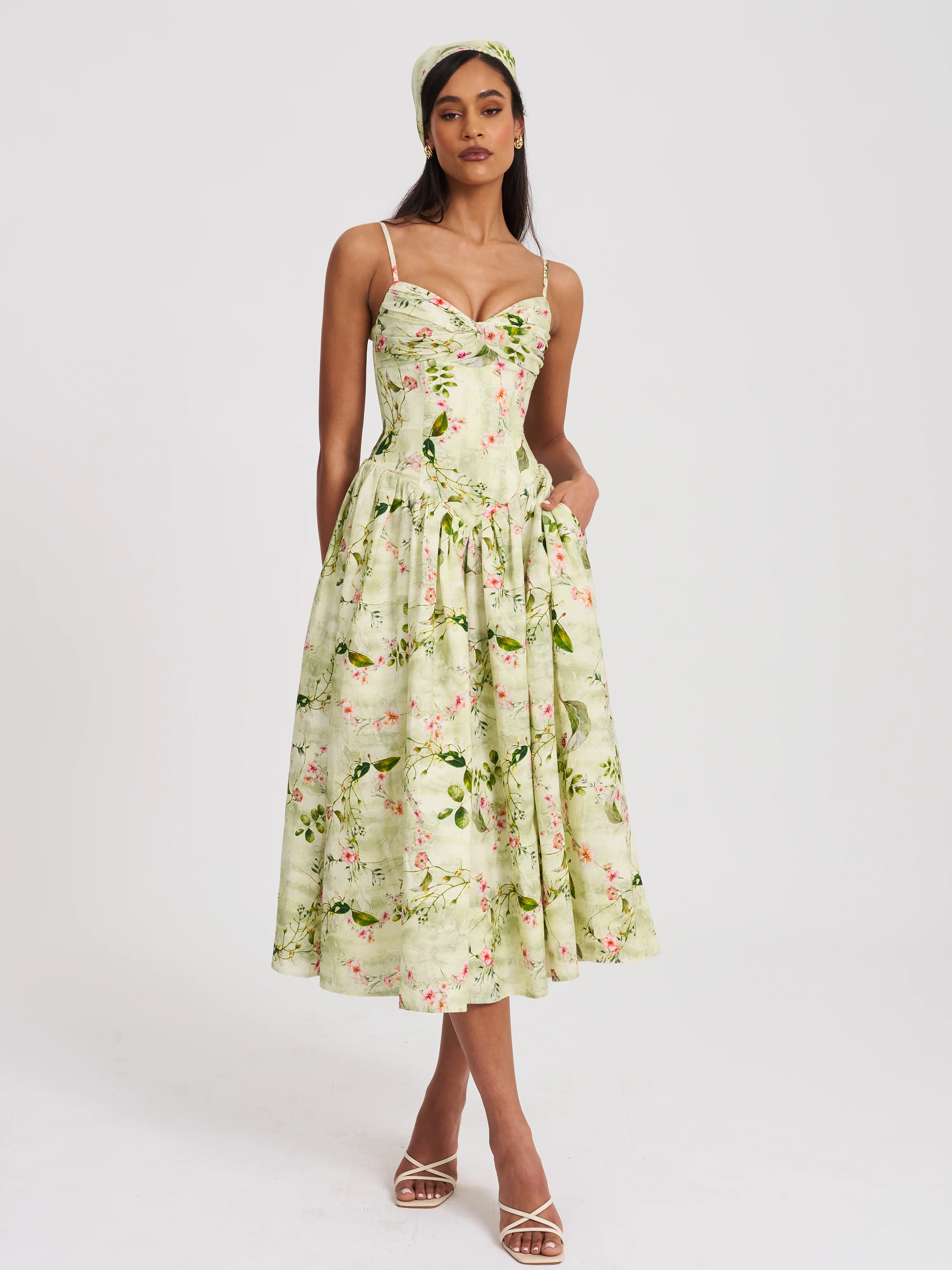Jacinda Green Floral Print Ruched Breast Linen Midi Dress