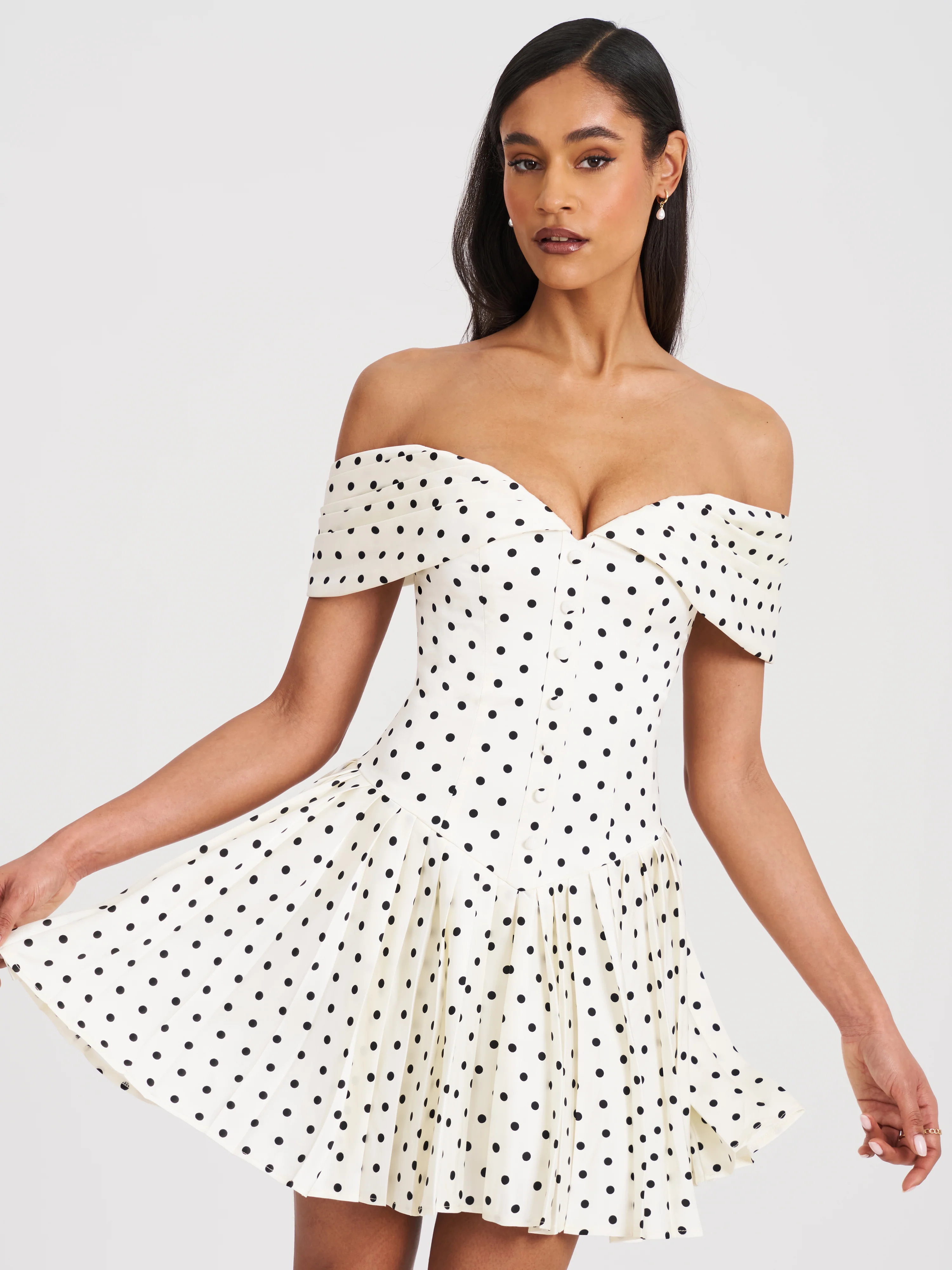 Edeline Polka Dot Off-shoulder Pleated Mini Dress