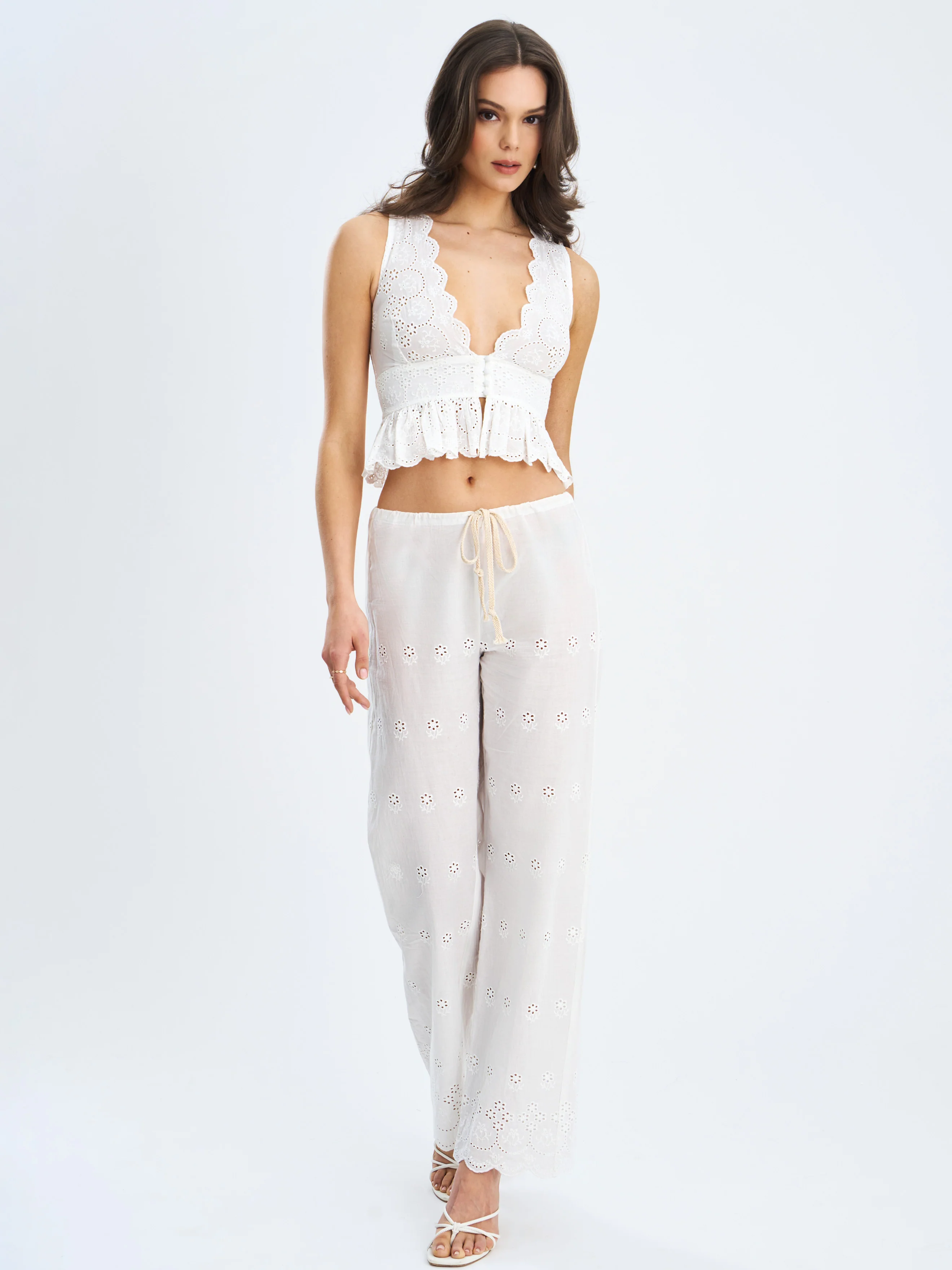Raia White Eyelet Wave Trim Crop Vest Top