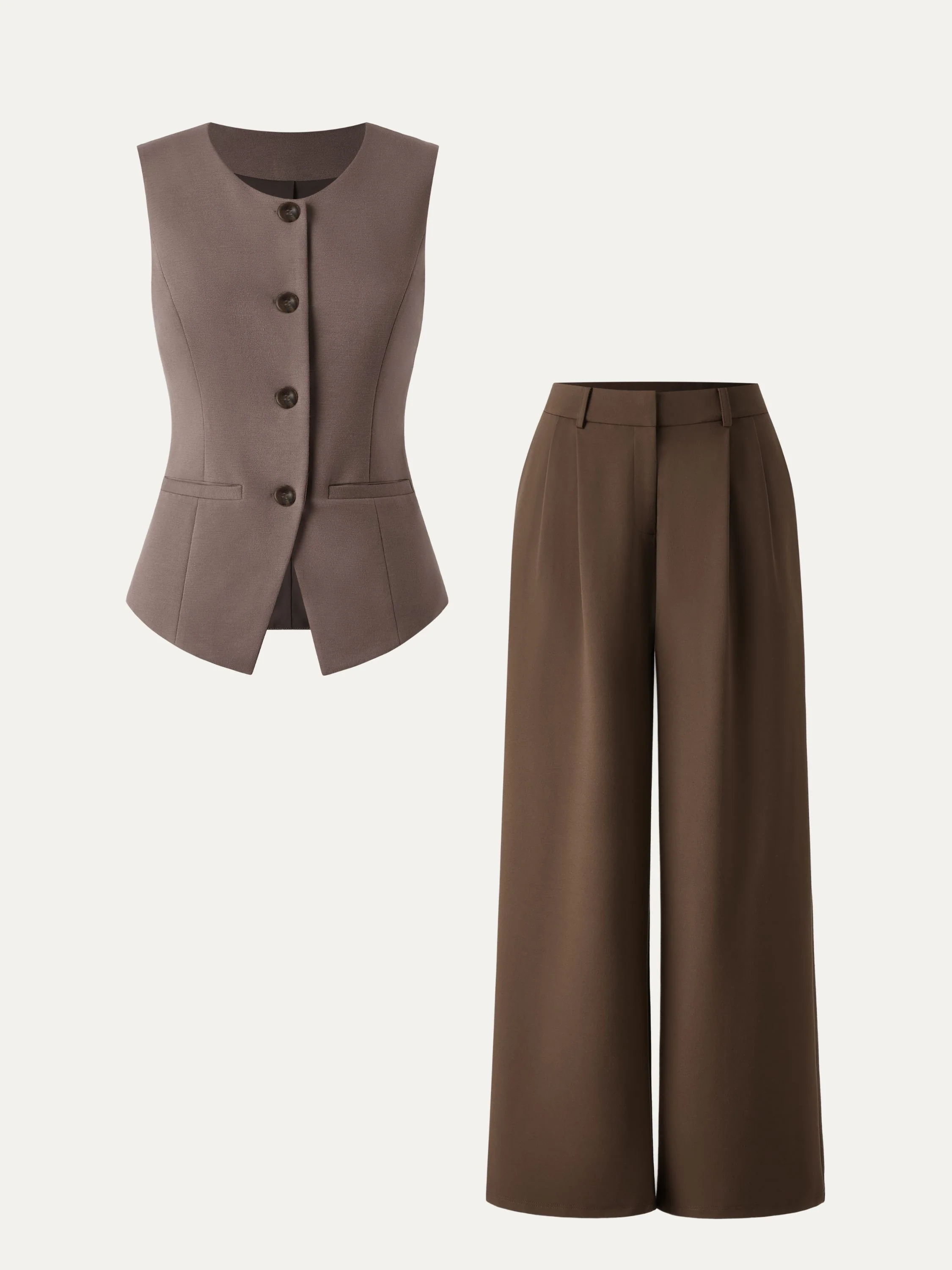 2Pcs Set Waistcoat with Pockets & Wide Leg Pant with Pockets