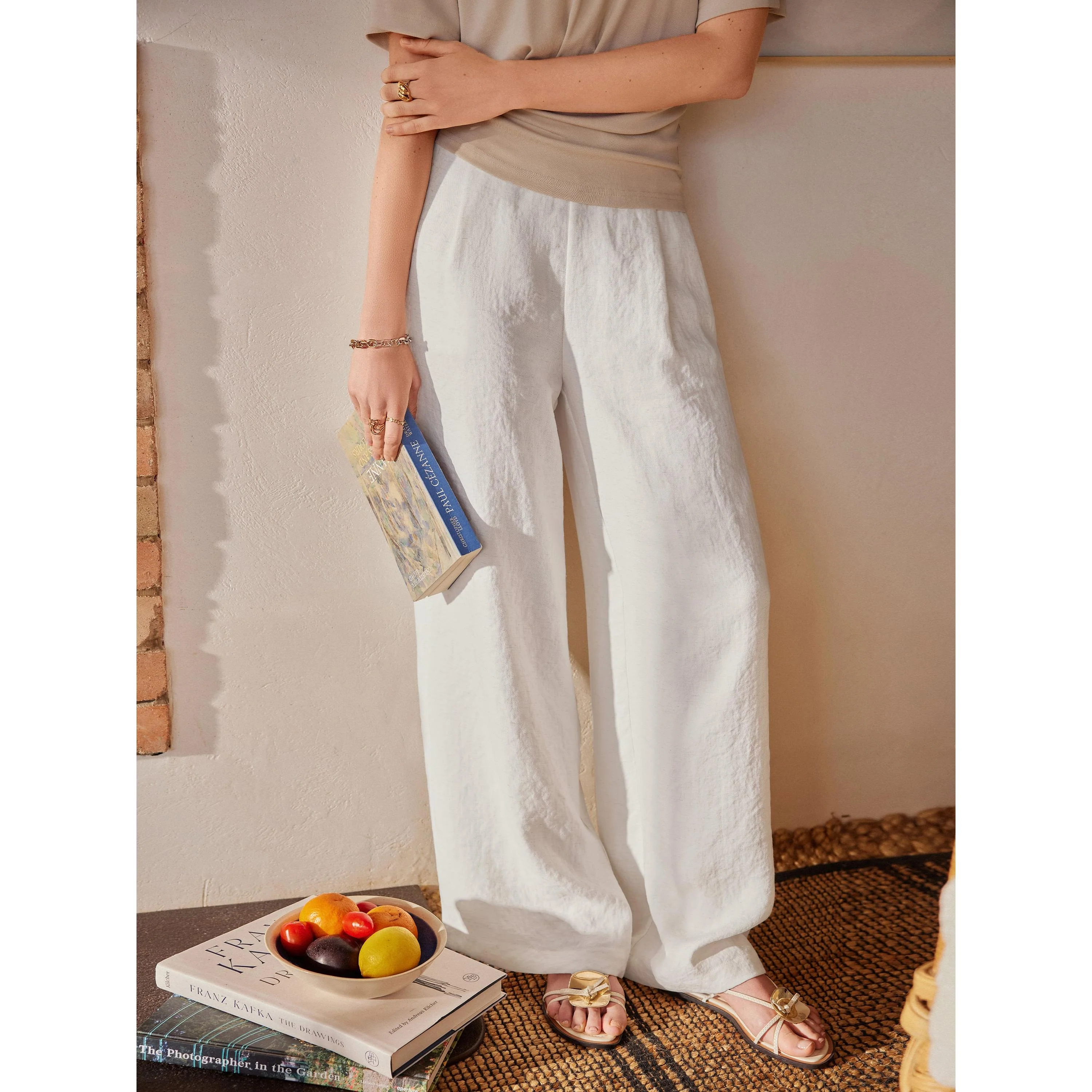 2Pcs Set Sandwashed Crewneck Short Sleeve Tee & Linen Mid Rise Wide Leg Pant with Pockets