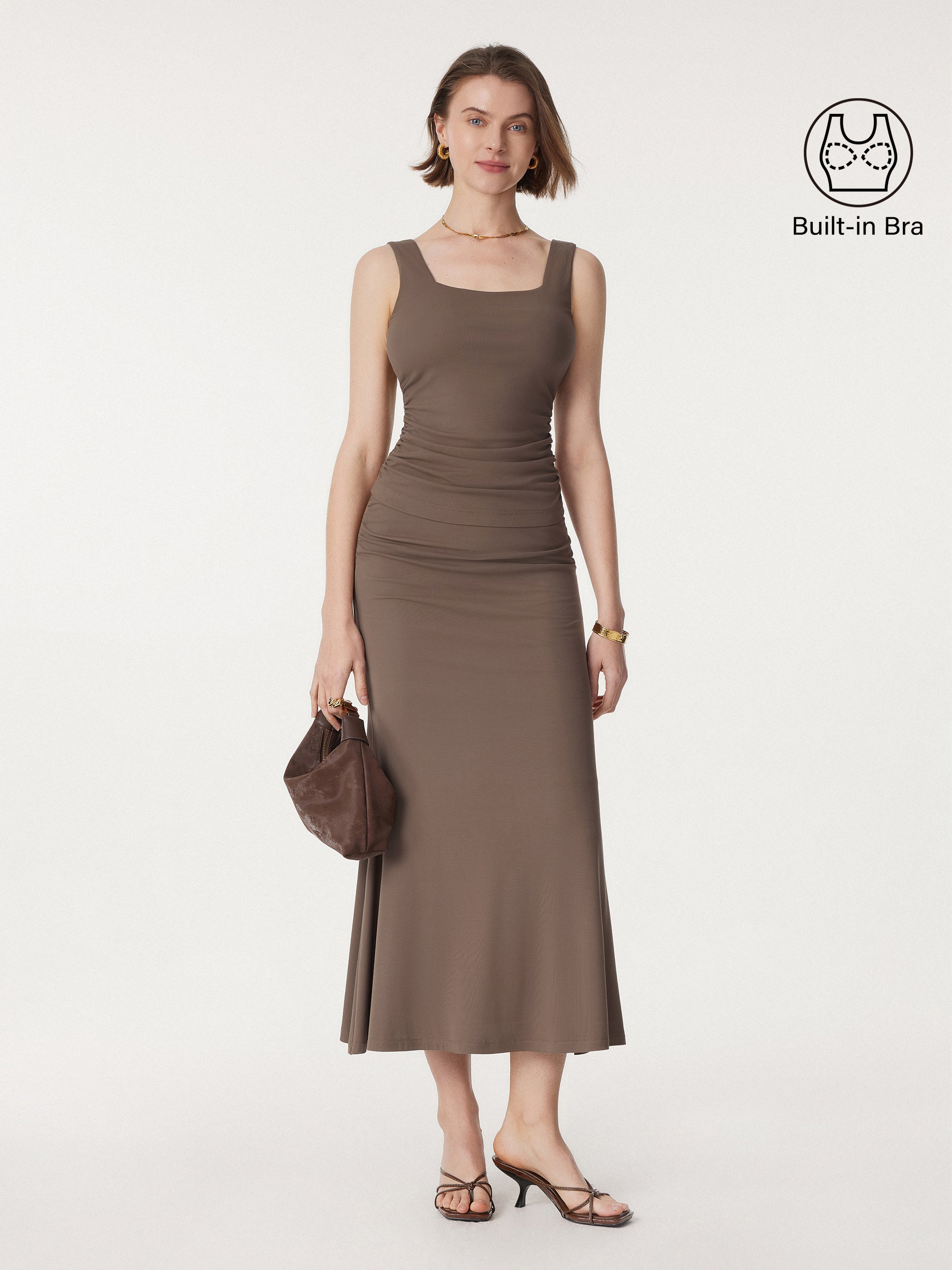 2Pcs Set Square Neck Side Ruched Brami Tank & Mermaid Maxi Skirt