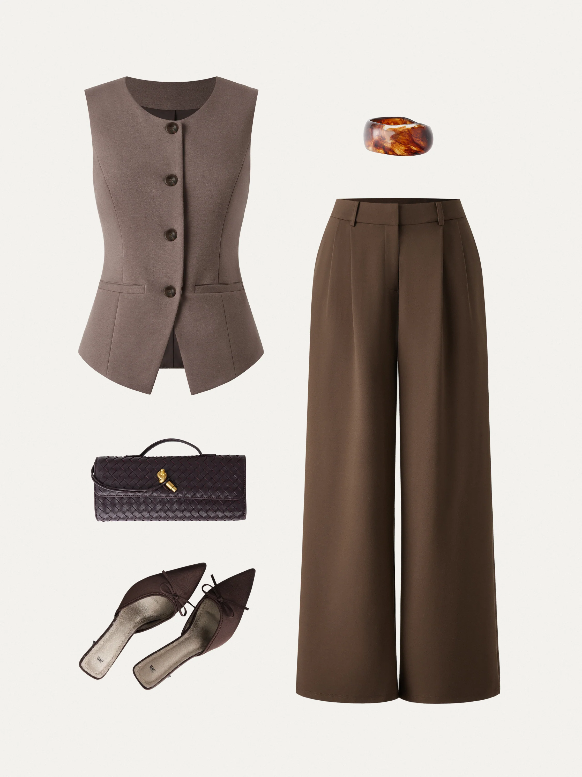 2Pcs Set Waistcoat with Pockets & Wide Leg Pant with Pockets