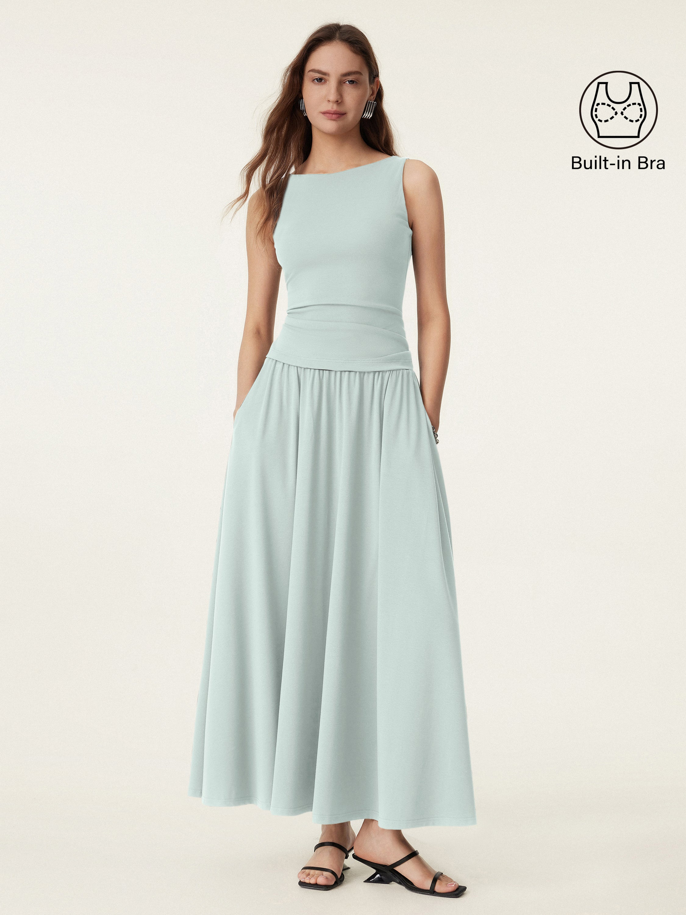 2Pcs Set Boatneck Brami Tank & Umbrella Maxi Skirt with Pockets