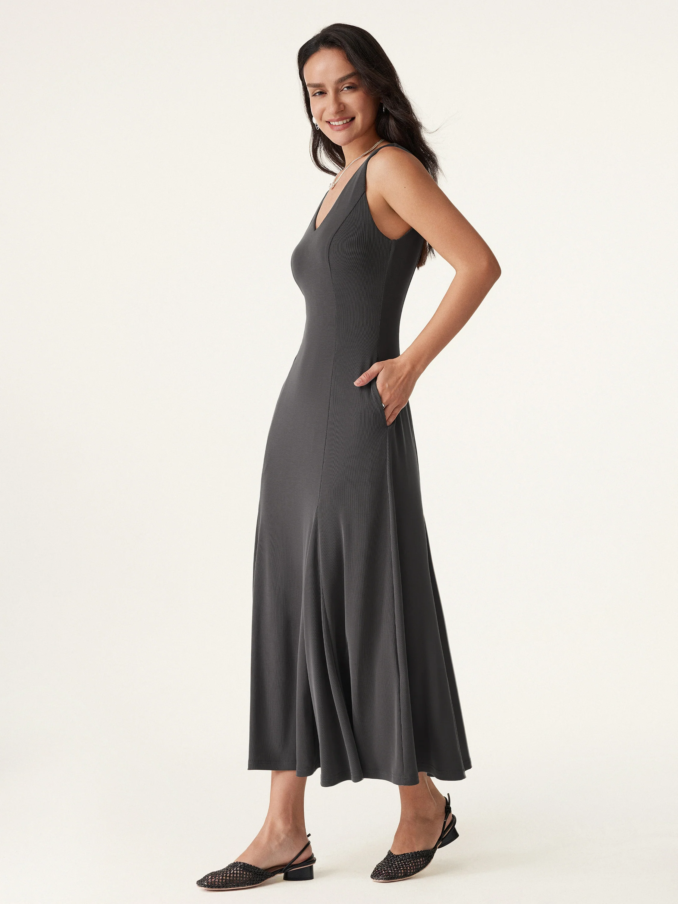 V-neck Fit-and-flare Midi Brami Dress with Pockets