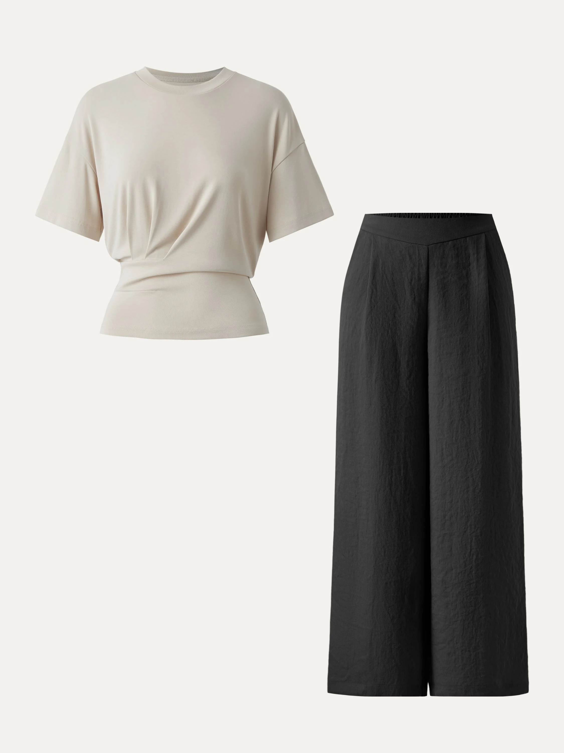 2Pcs Set Sandwashed Crewneck Short Sleeve Tee & Linen Mid Rise Wide Leg Pant with Pockets