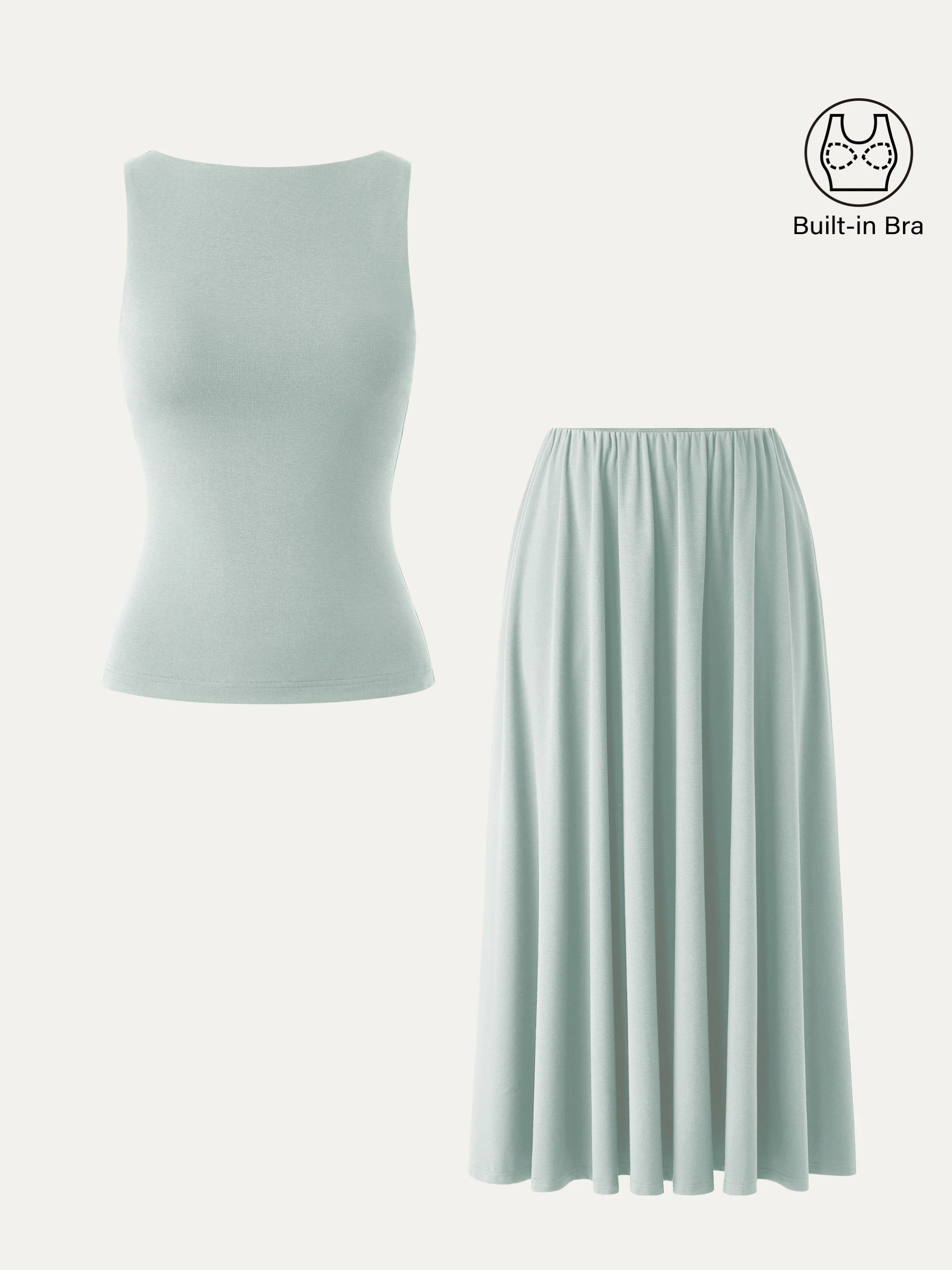 2Pcs Set Boatneck Brami Tank & Umbrella Maxi Skirt with Pockets