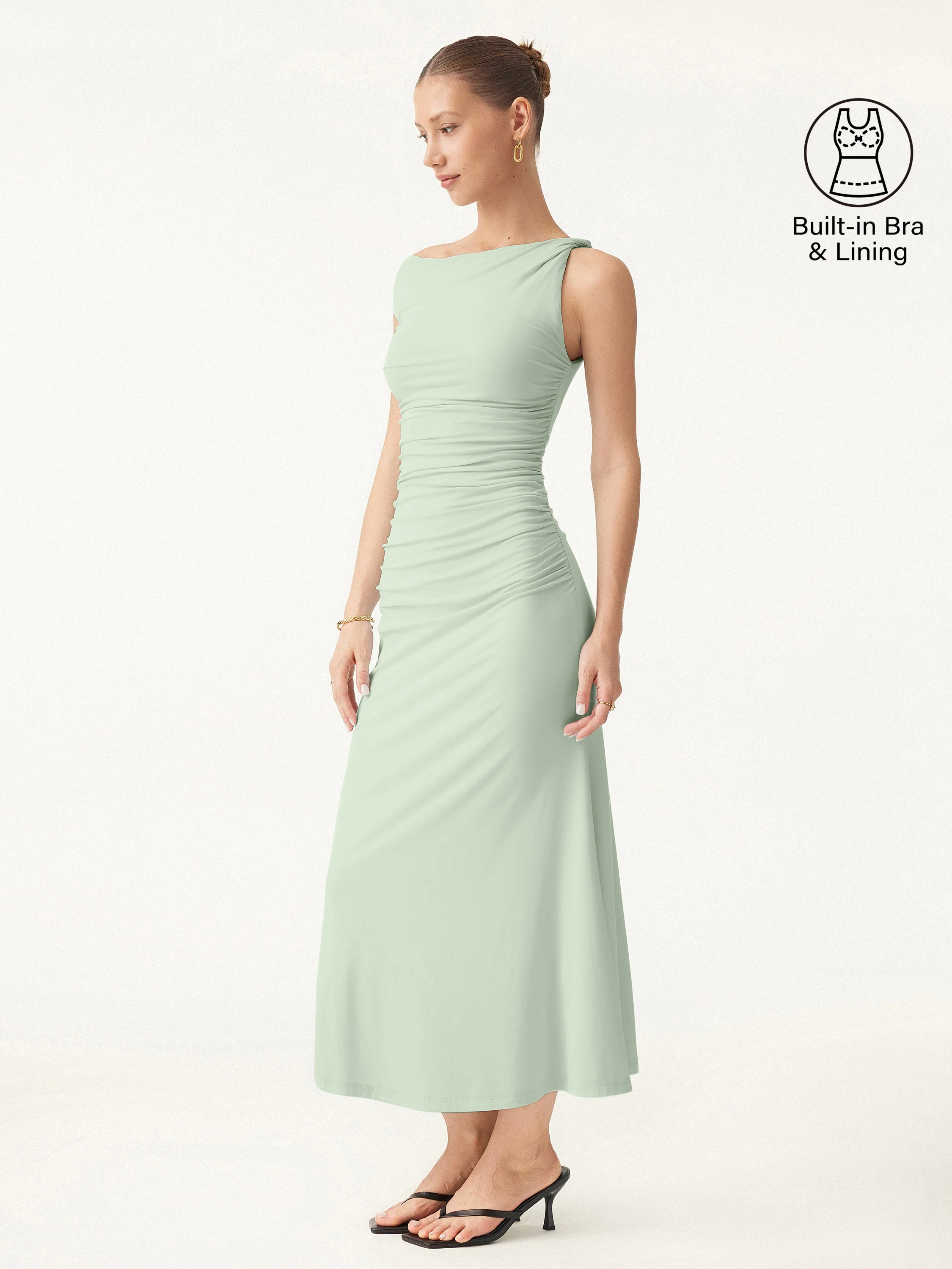 Asymmetrical Twisted Shoulder Ruched Maxi Brami Dress