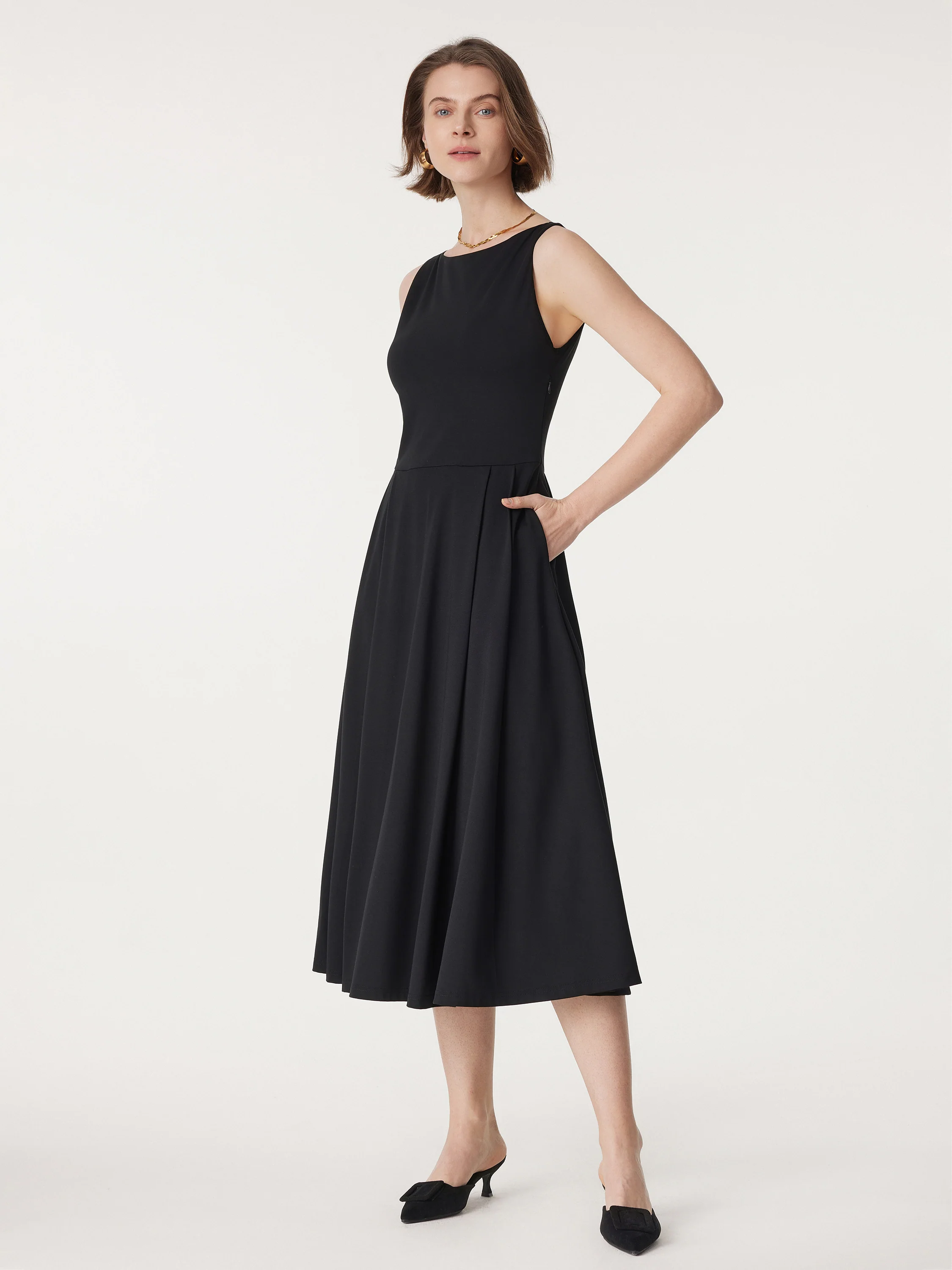 Boatneck Bamboo Ponte Brami Midi Dress with Pockets