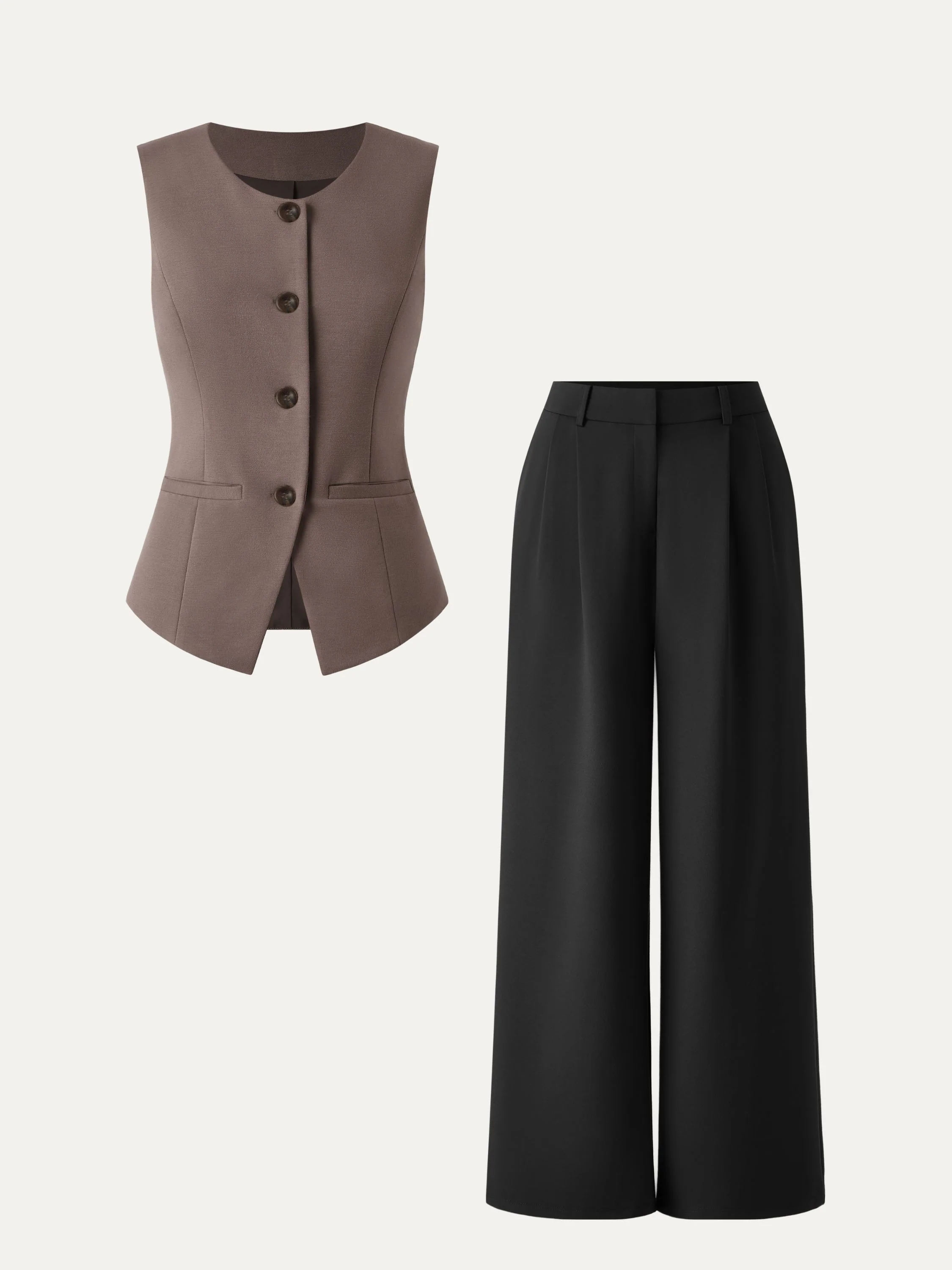 2Pcs Set Waistcoat with Pockets & Wide Leg Pant with Pockets