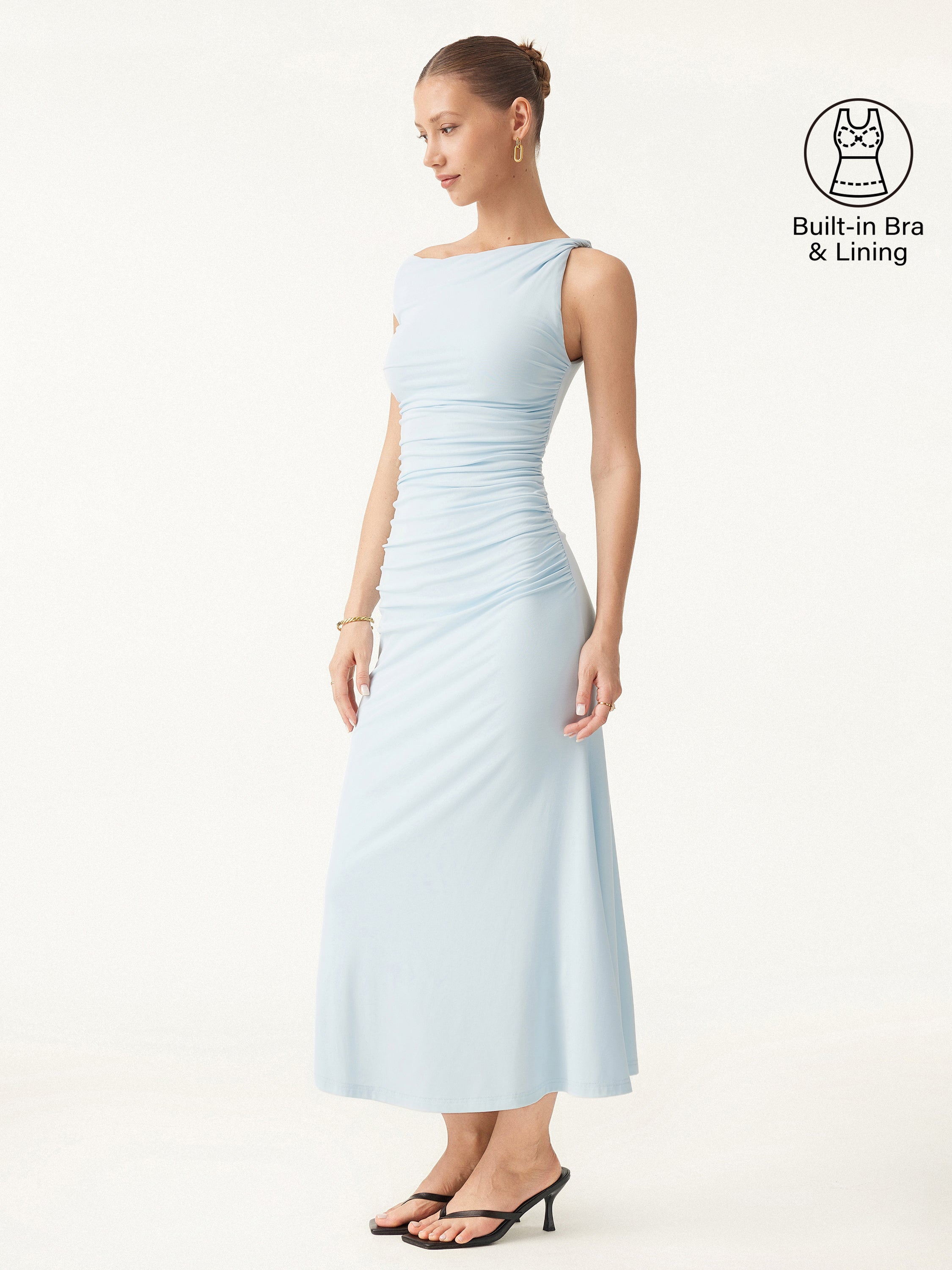 Asymmetrical Twisted Shoulder Ruched Maxi Brami Dress