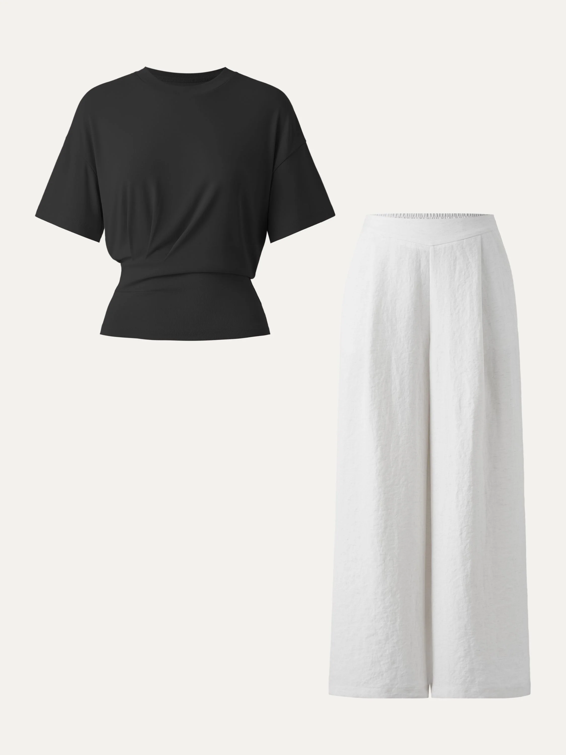 2Pcs Set Sandwashed Crewneck Short Sleeve Tee & Linen Mid Rise Wide Leg Pant with Pockets