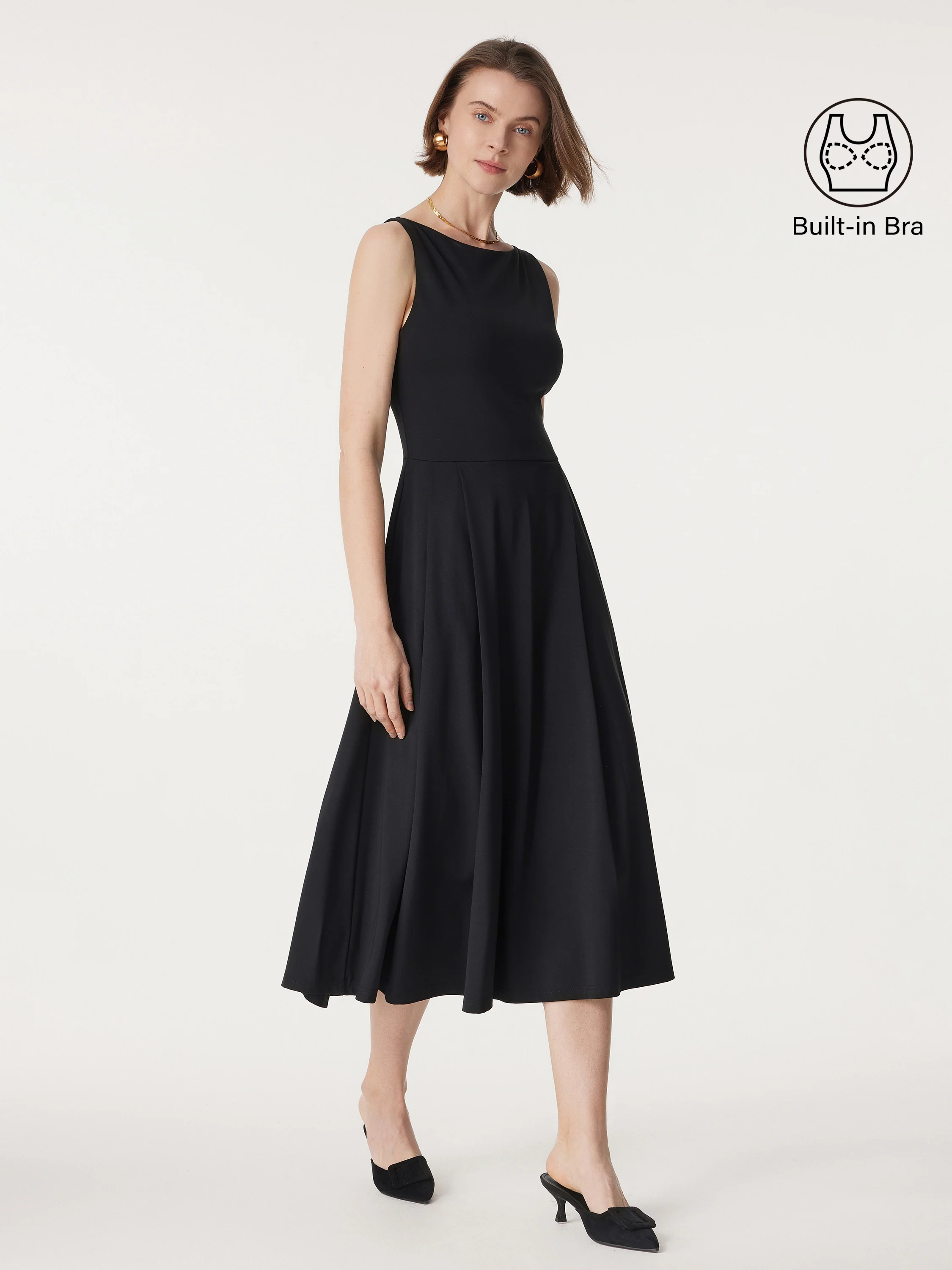 Boatneck Bamboo Ponte Brami Midi Dress with Pockets