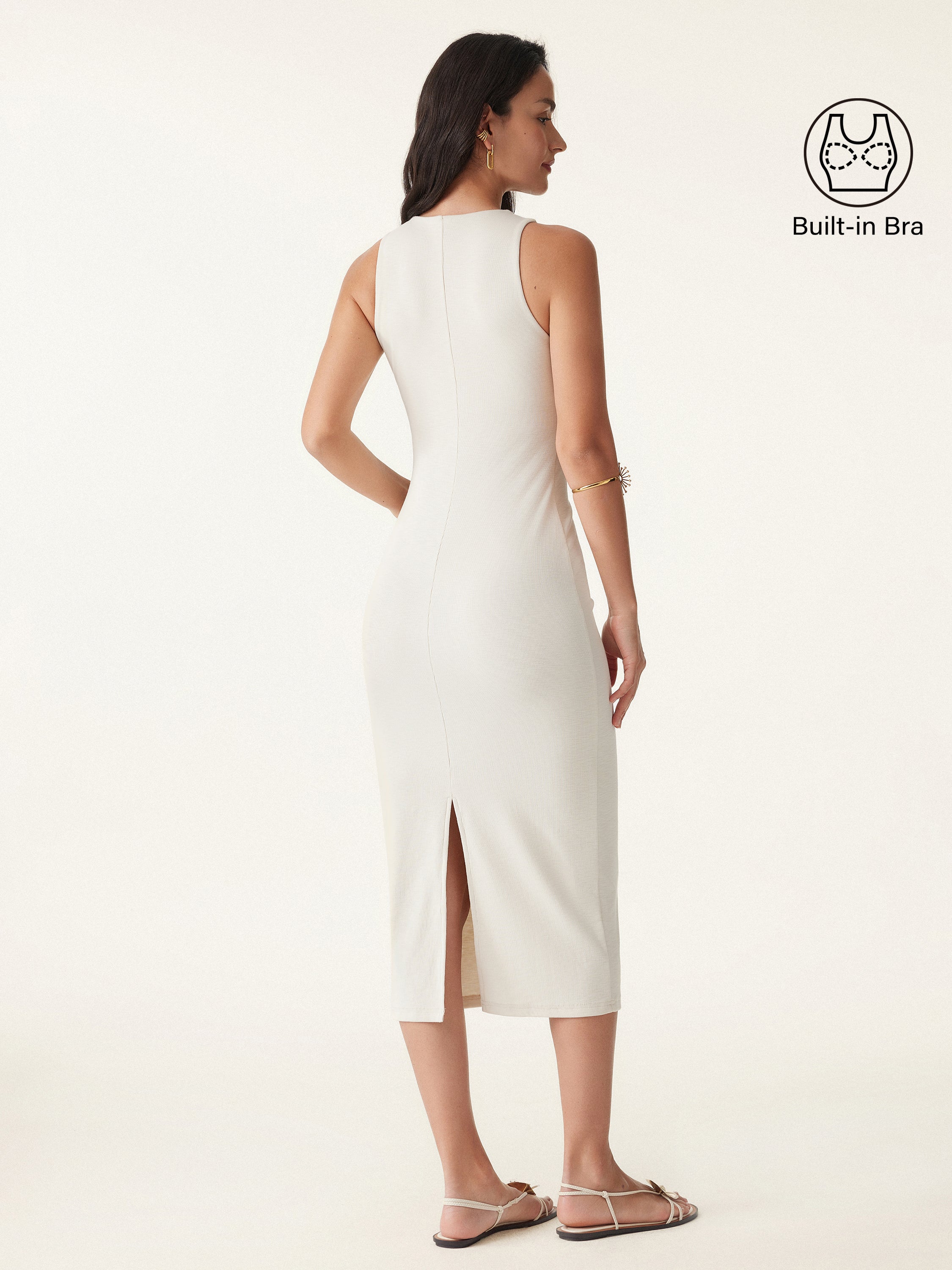 Stretch Cotton Crewneck Midi Brami Dress with Back Slit