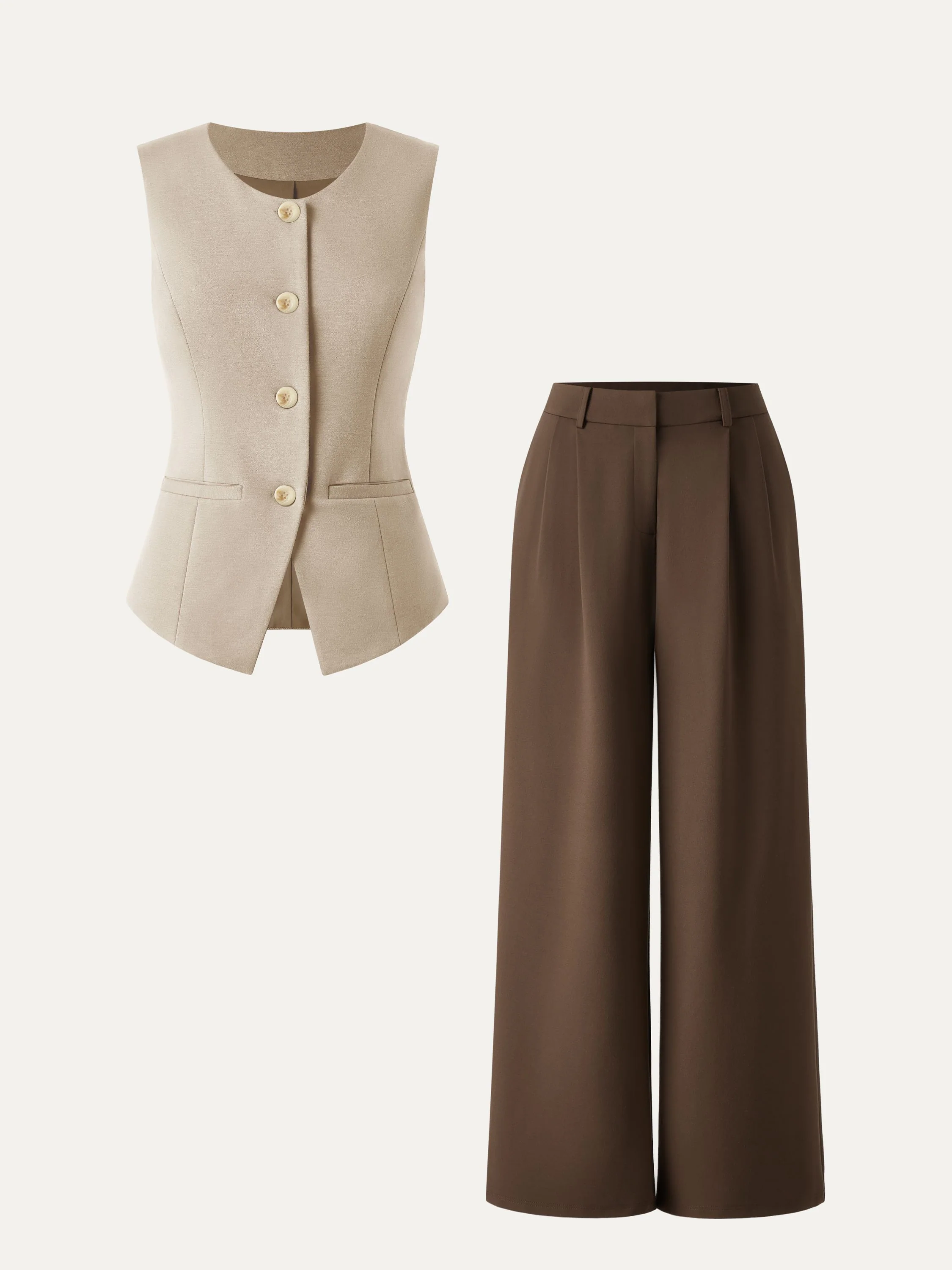 2Pcs Set Waistcoat with Pockets & Wide Leg Pant with Pockets