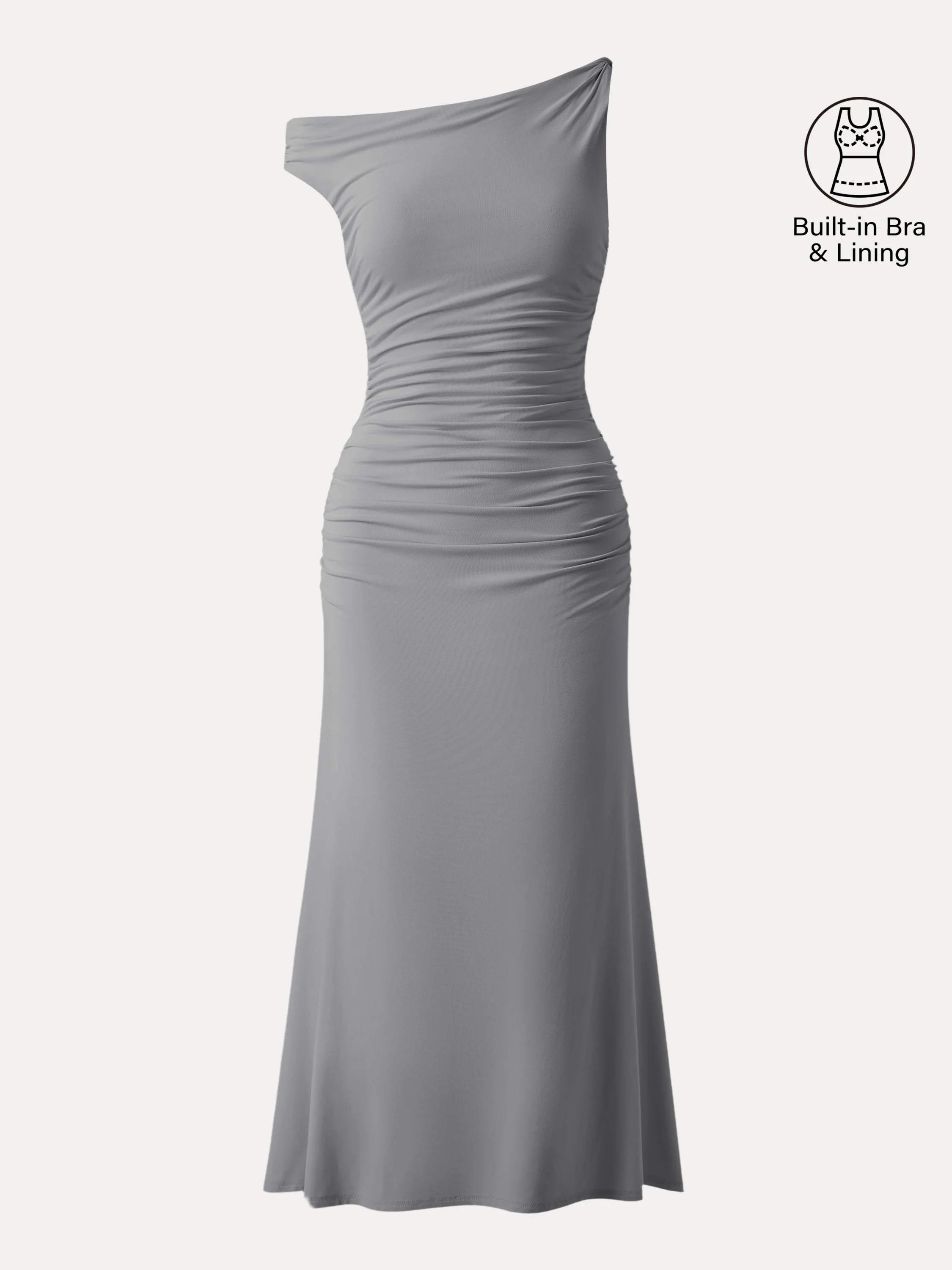 Asymmetrical Twisted Shoulder Ruched Maxi Brami Dress