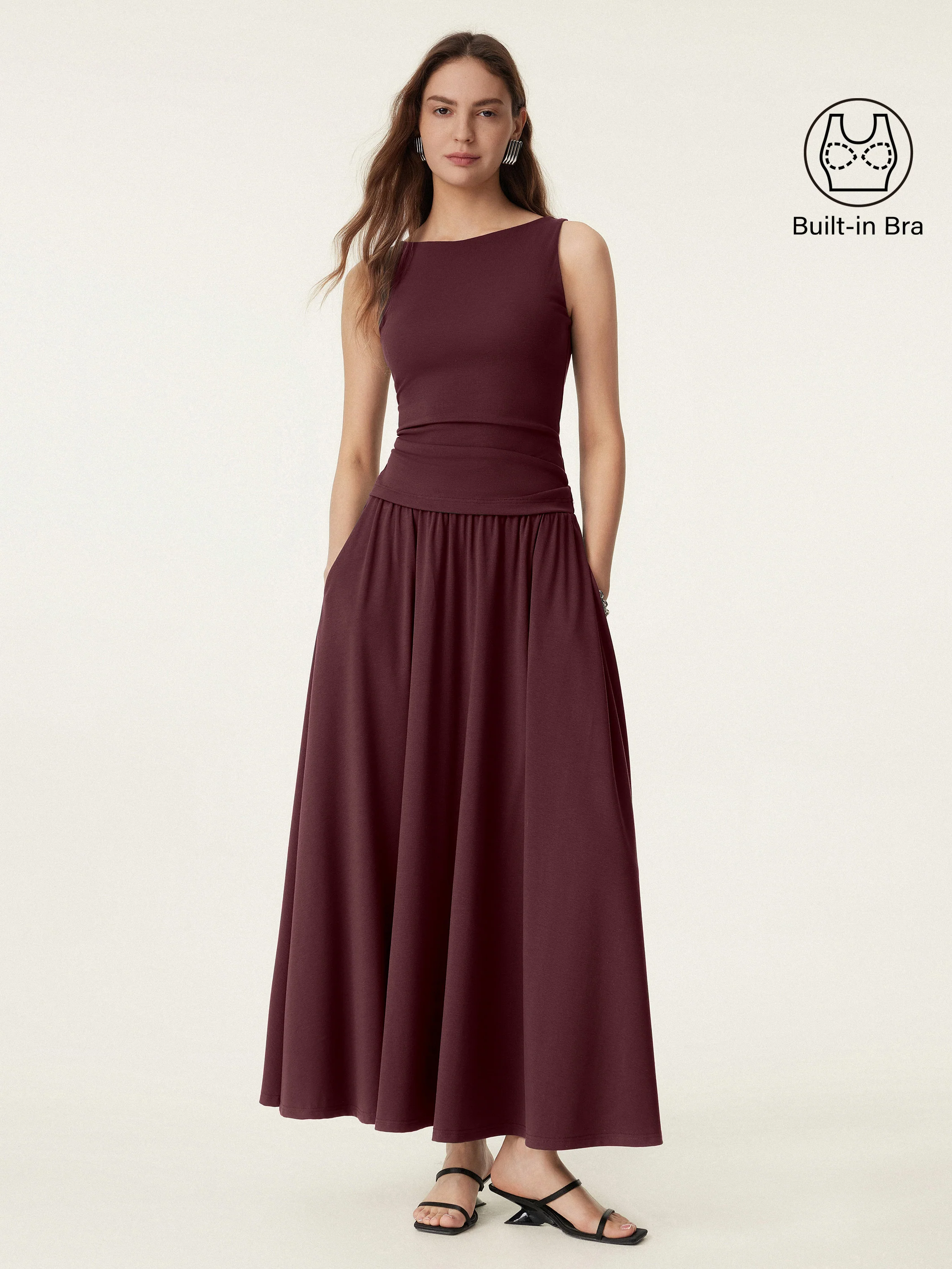 2Pcs Set Boatneck Brami Tank & Umbrella Maxi Skirt with Pockets