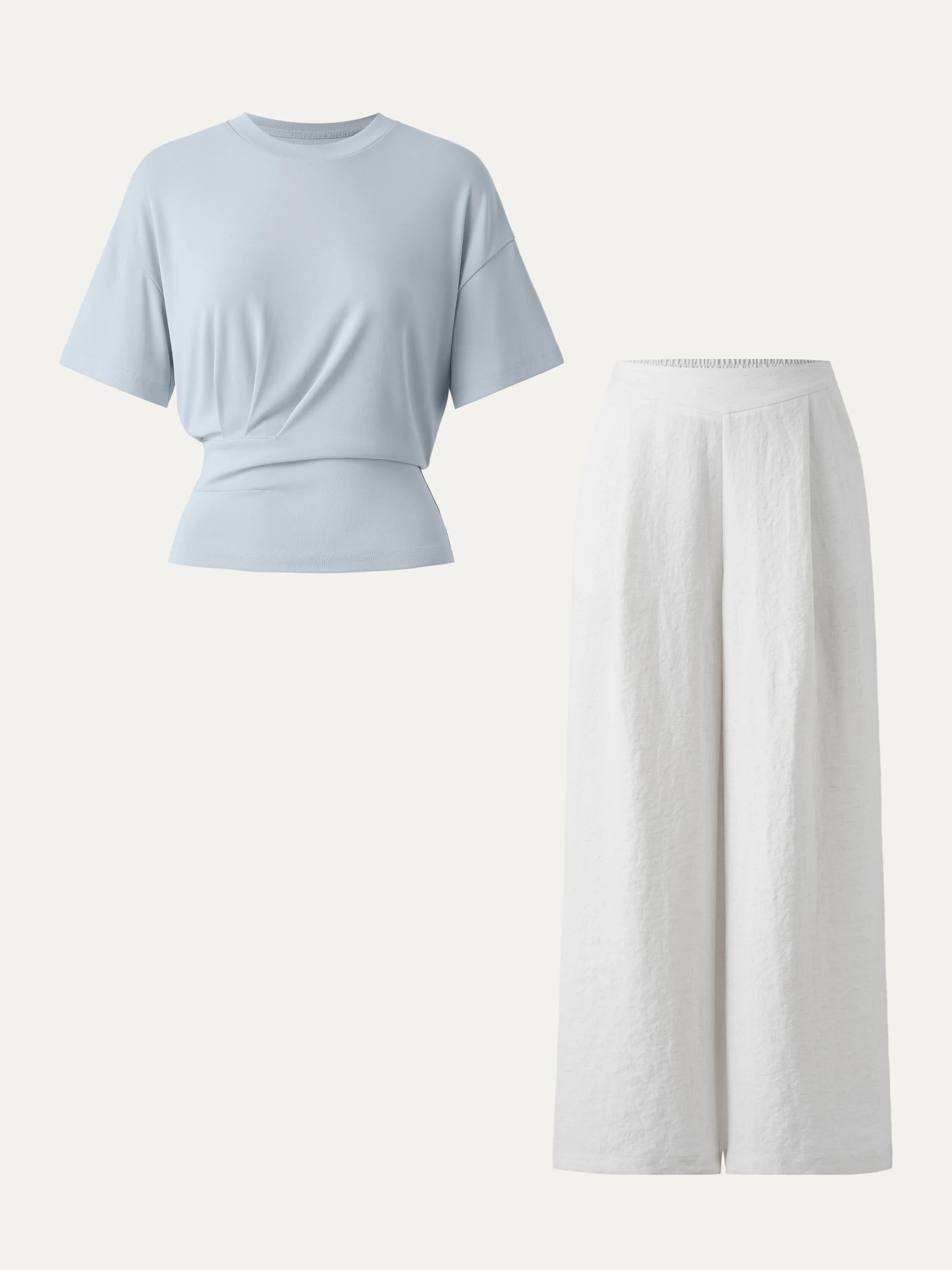 2Pcs Set Sandwashed Crewneck Short Sleeve Tee & Linen Mid Rise Wide Leg Pant with Pockets