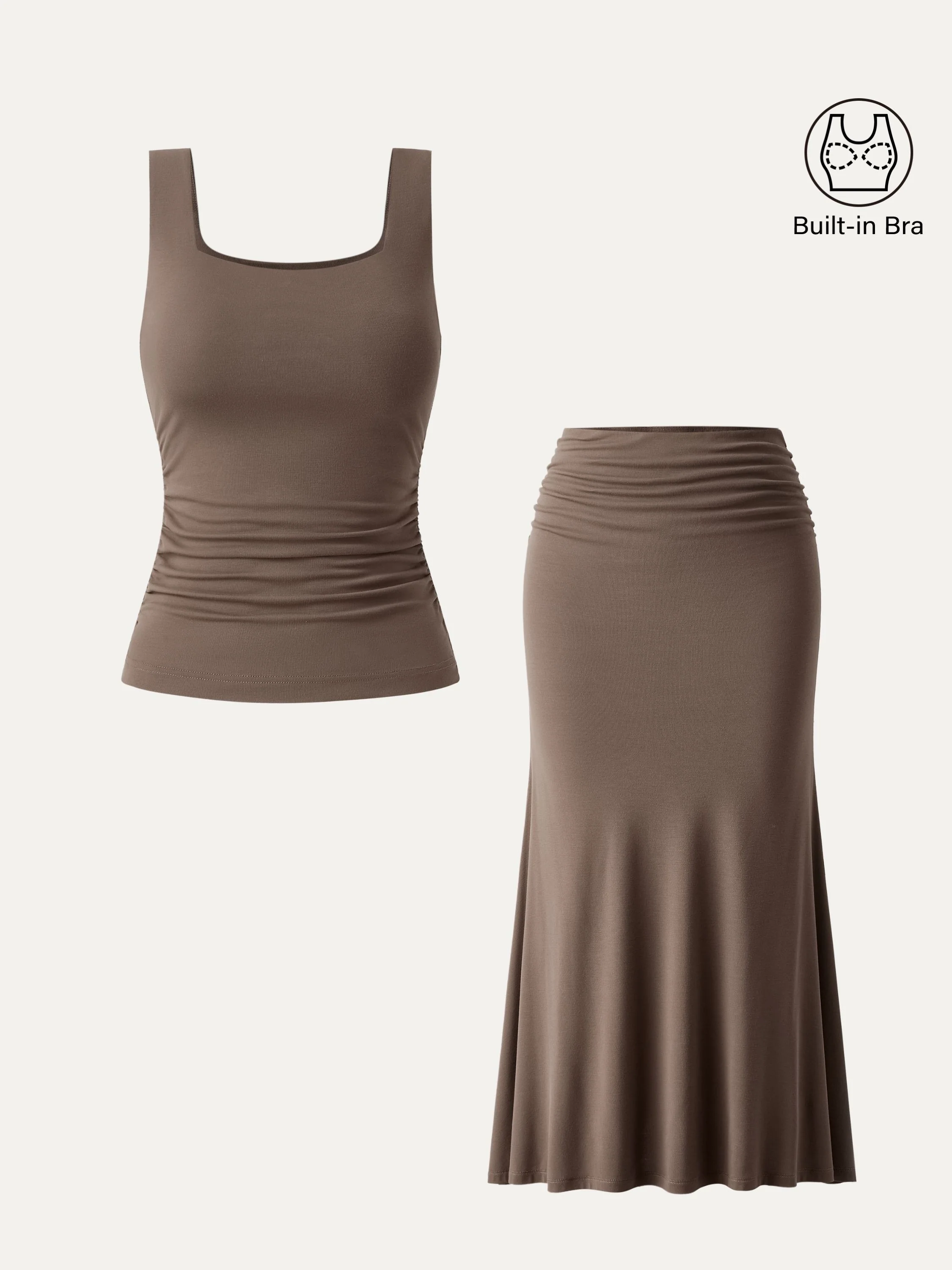 2Pcs Set Square Neck Side Ruched Brami Tank & Mermaid Maxi Skirt