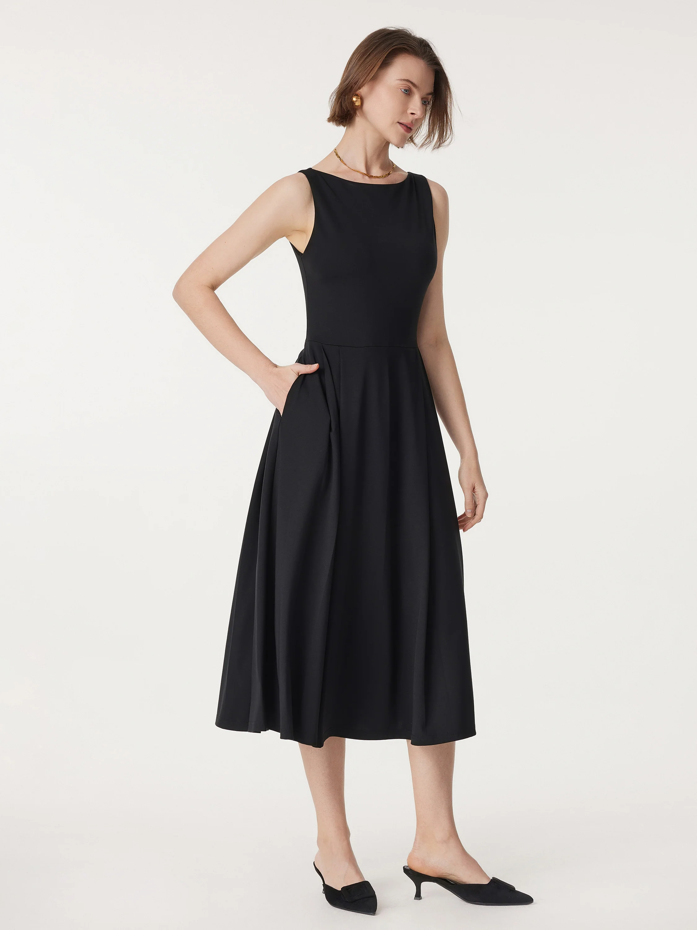 Boatneck Bamboo Ponte Brami Midi Dress with Pockets