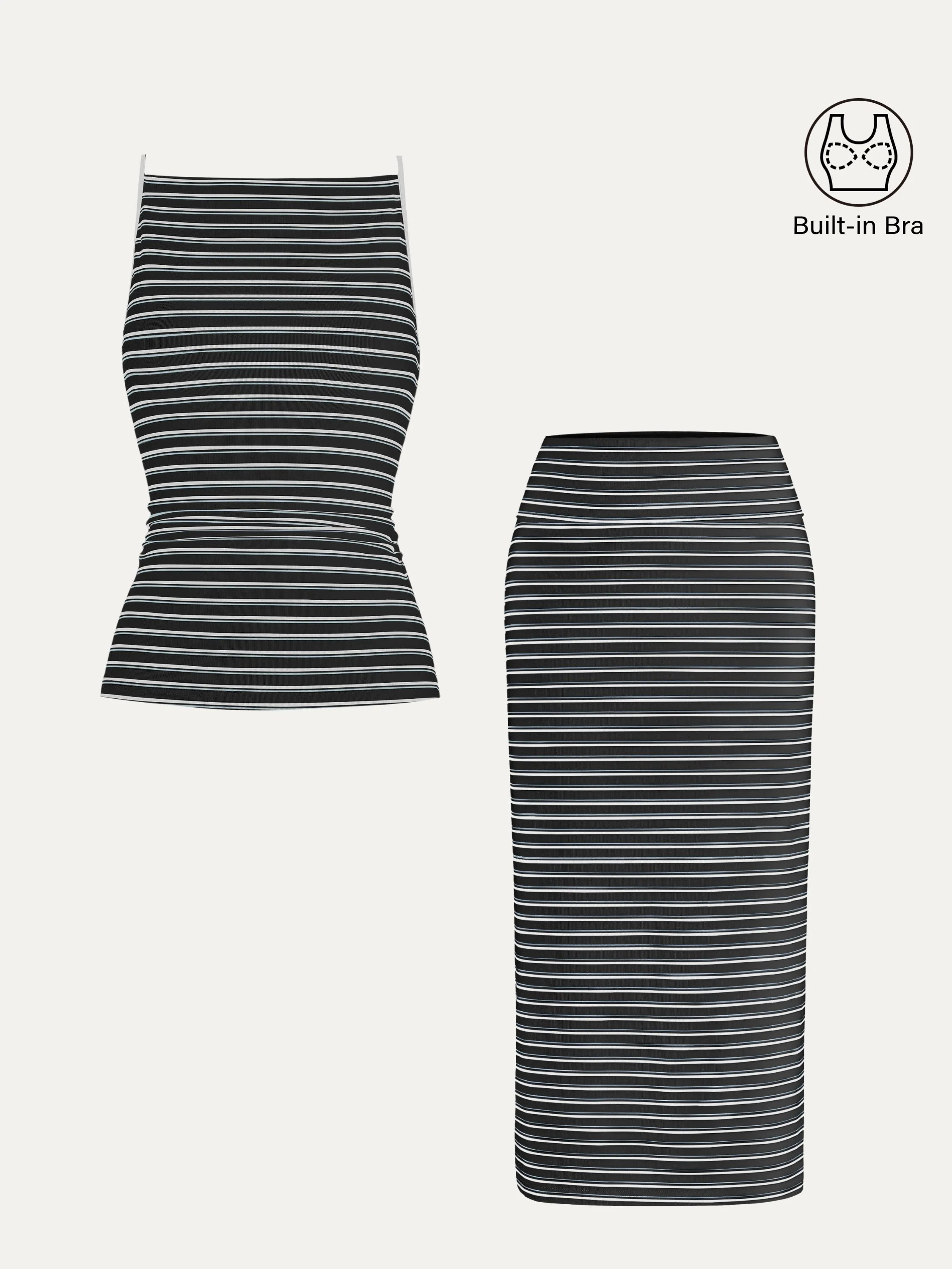 2Pcs Set Striped Spaghetti Brami & Low Rise Striped Midi Skirt