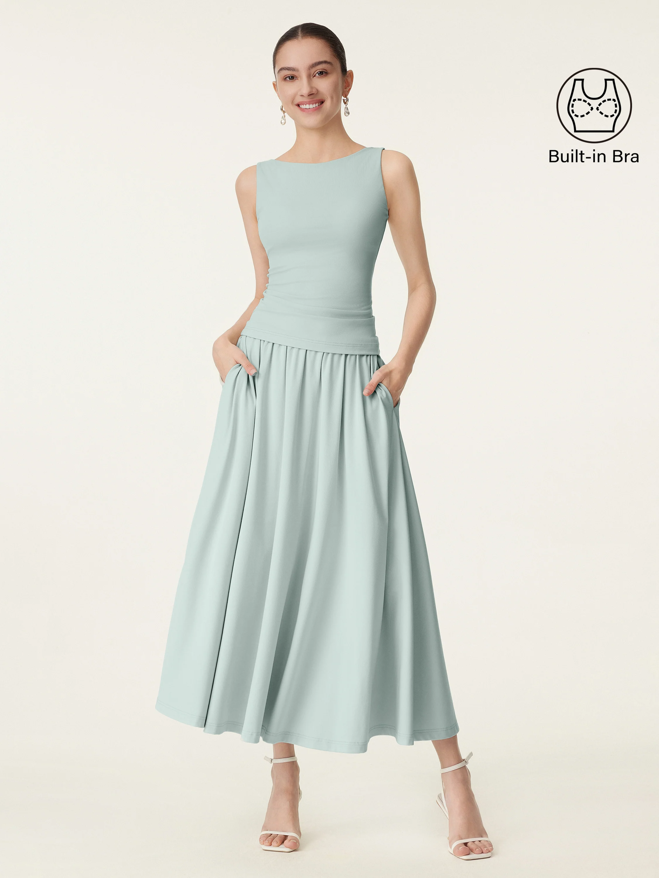 2Pcs Set Boatneck Brami Tank & Umbrella Maxi Skirt with Pockets