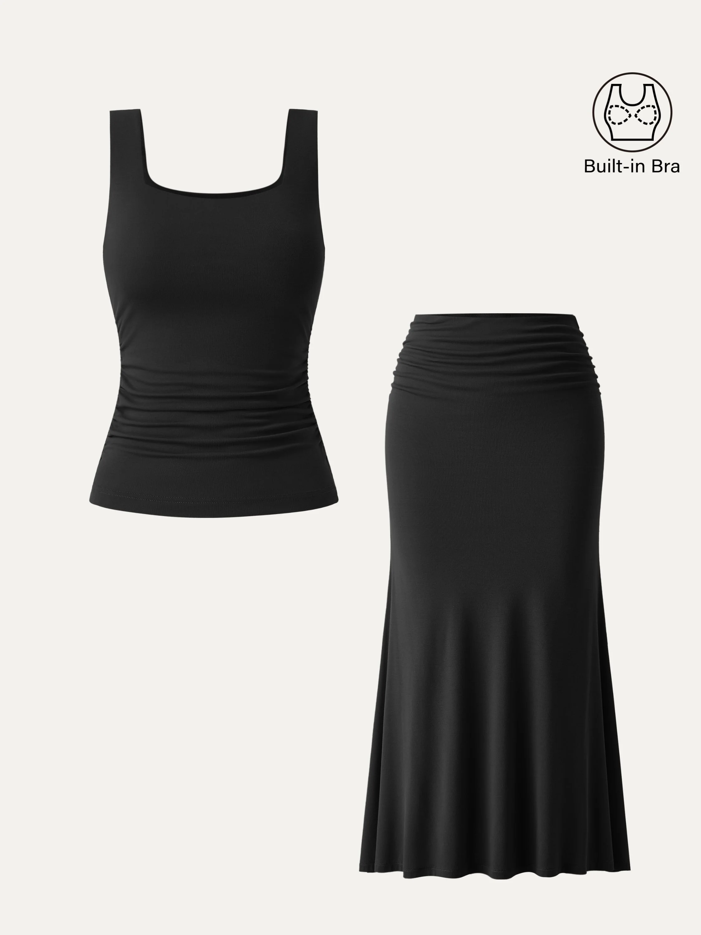 2Pcs Set Square Neck Side Ruched Brami Tank & Mermaid Maxi Skirt