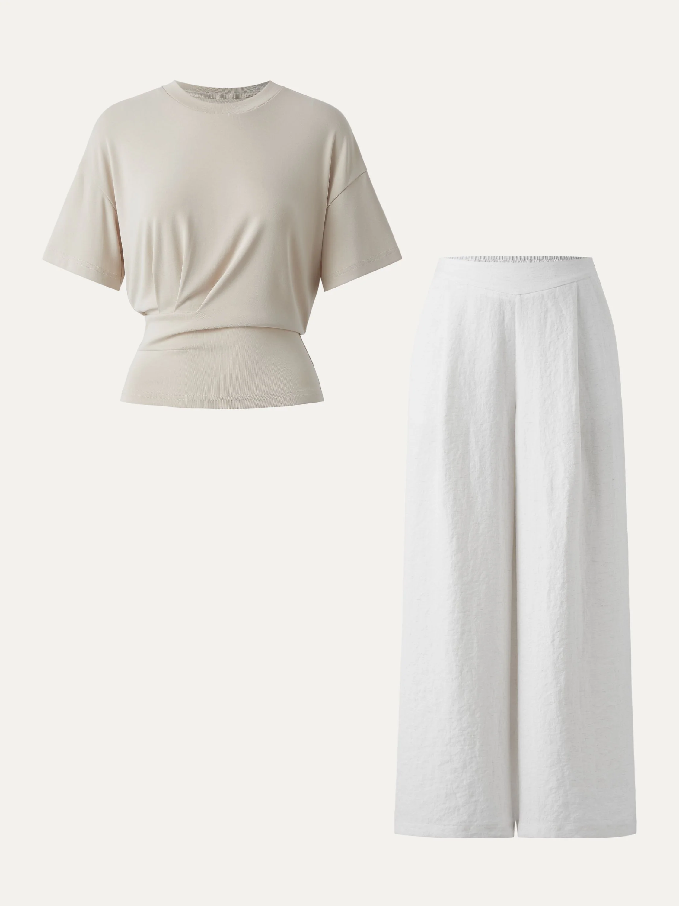 2Pcs Set Sandwashed Crewneck Short Sleeve Tee & Linen Mid Rise Wide Leg Pant with Pockets
