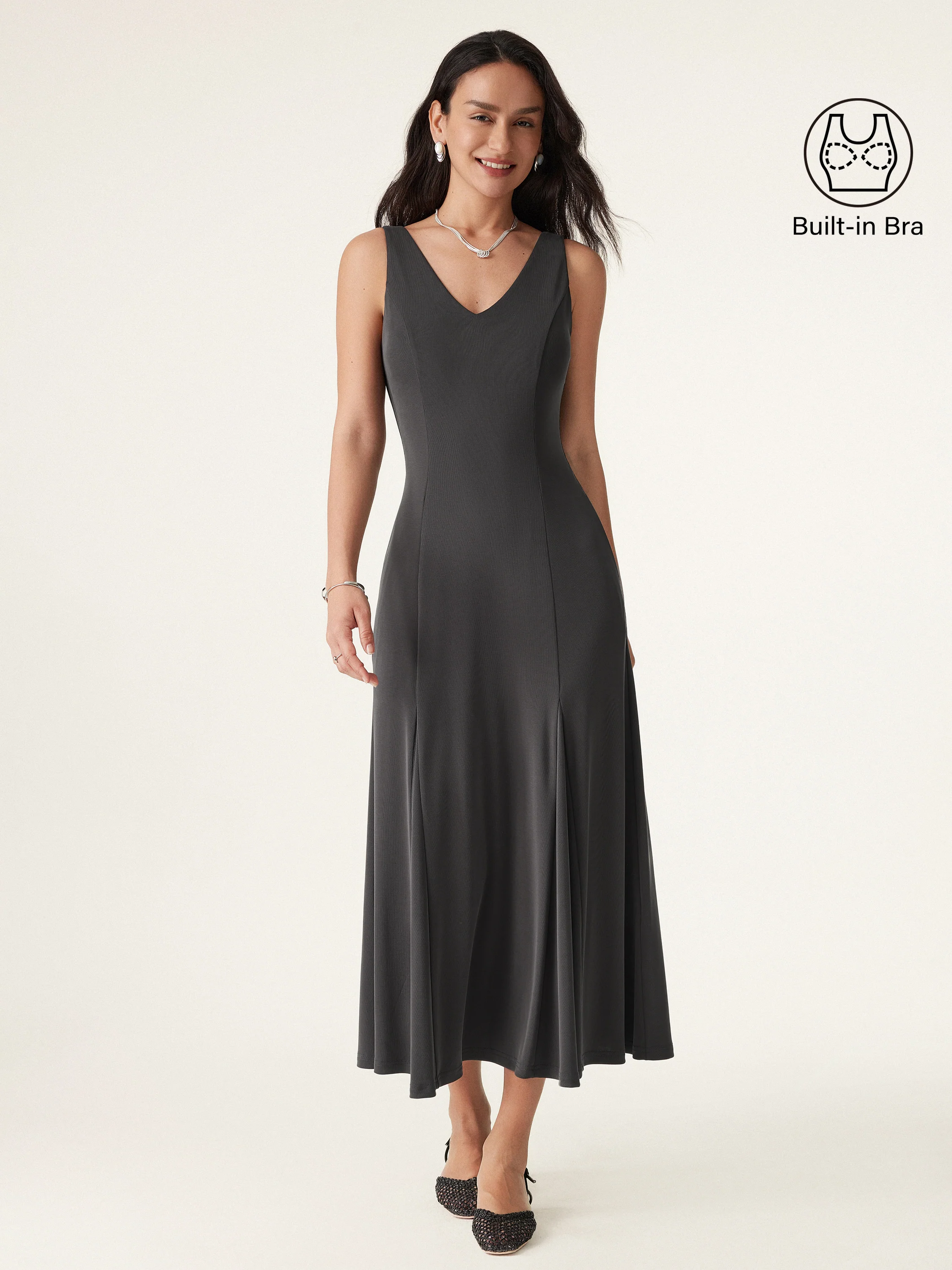 V-neck Fit-and-flare Midi Brami Dress with Pockets