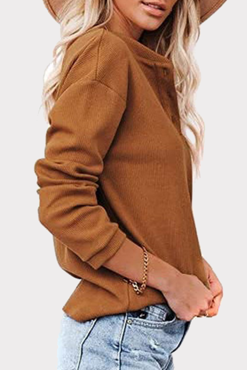 Kaynafashions - Casual Solid Patchwork Buckle O Neck Tops(6 colors)