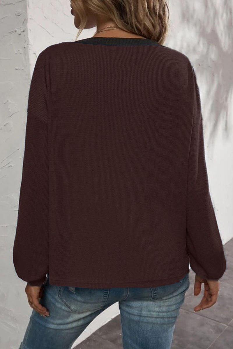 Kaynafashions - Casual Solid Patchwork Buttons V Neck T-Shirts(7 Colors)